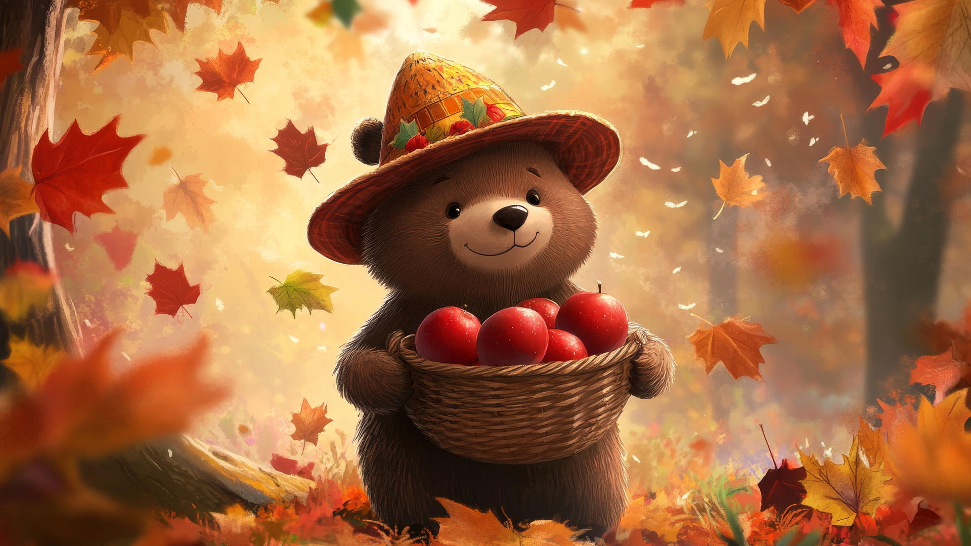 thanksgiving wallpaper cute with cartoon bear in pilgrim hat holding basket of apples and falling leaves