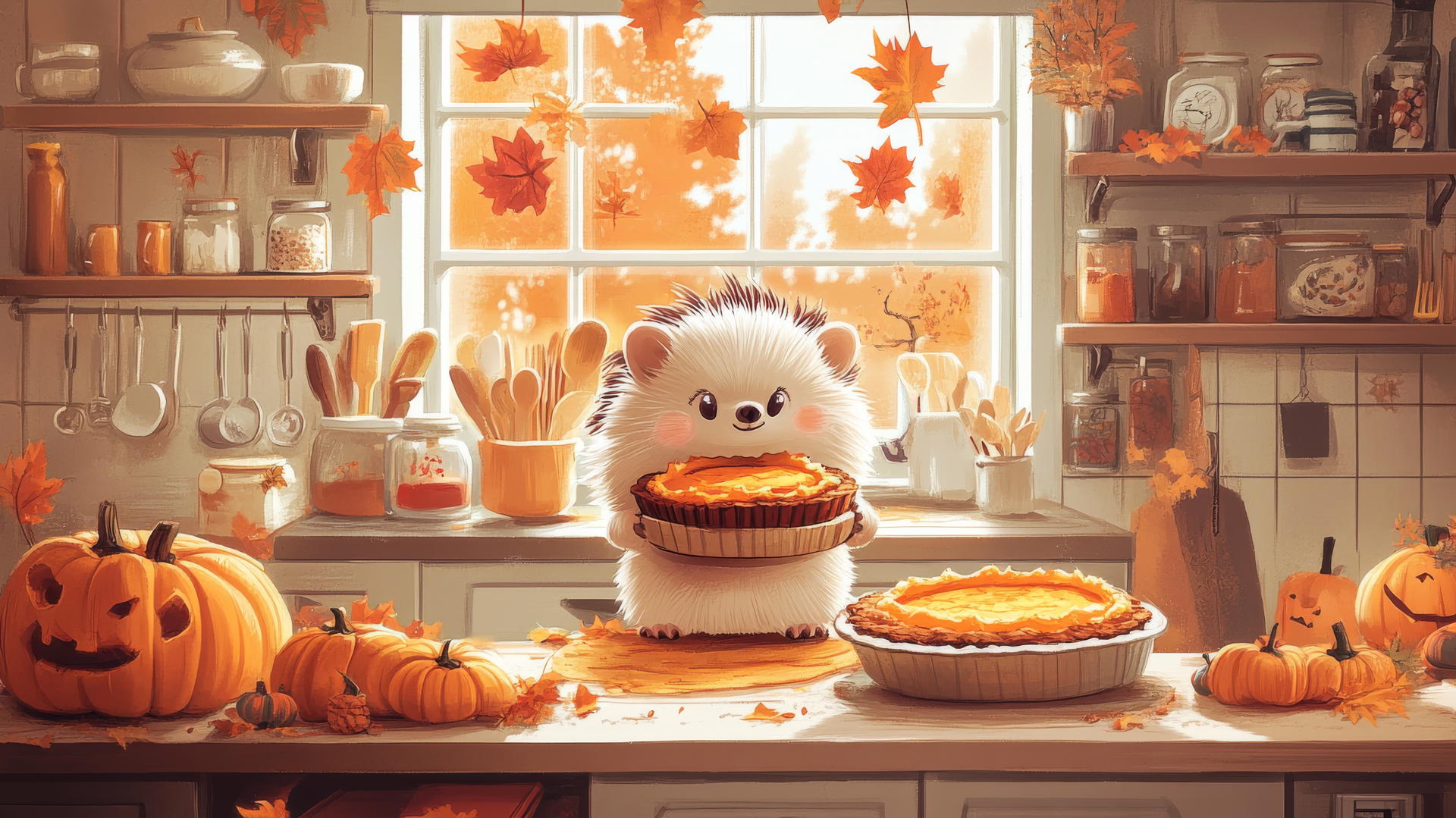 thanksgiving wallpaper cute with a hedgehog baking a pumpkin pie in a tiny decorated kitchen
