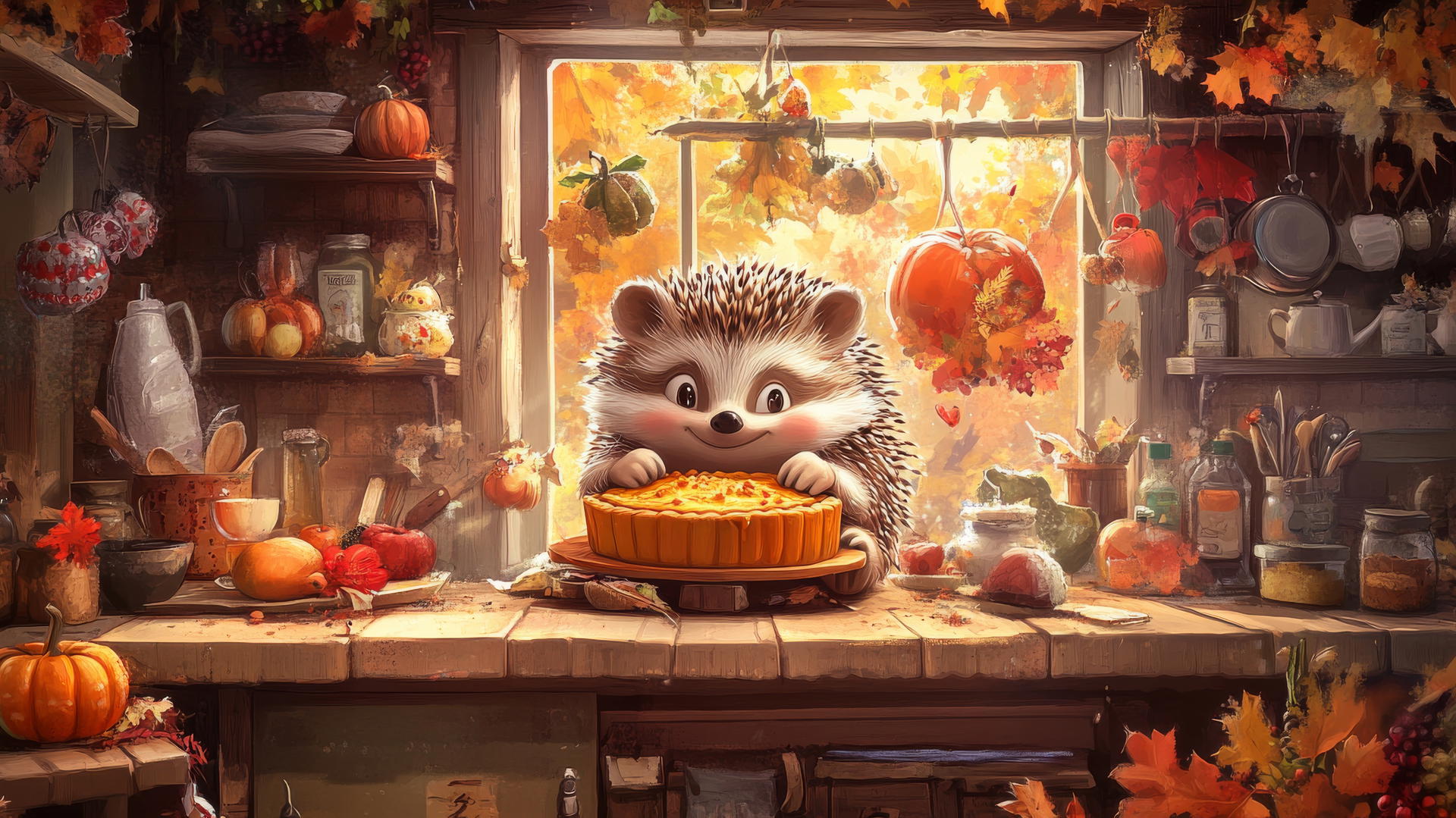 Thanksgiving wallpaper cute with hedgehog baking pumpkin pie in decorated kitchen