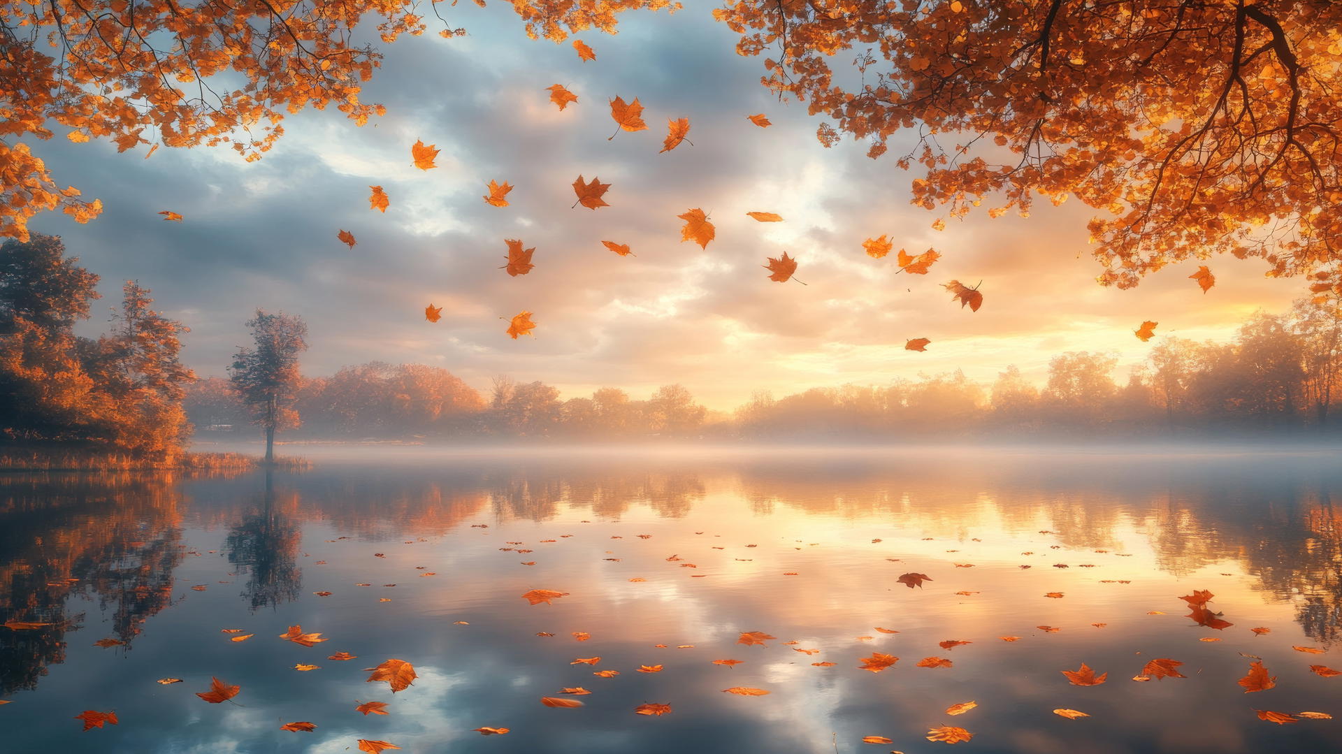 aesthetic thanksgiving wallpaper with golden leaves floating above a mirror-like pond reflecting a pastel autumn sky