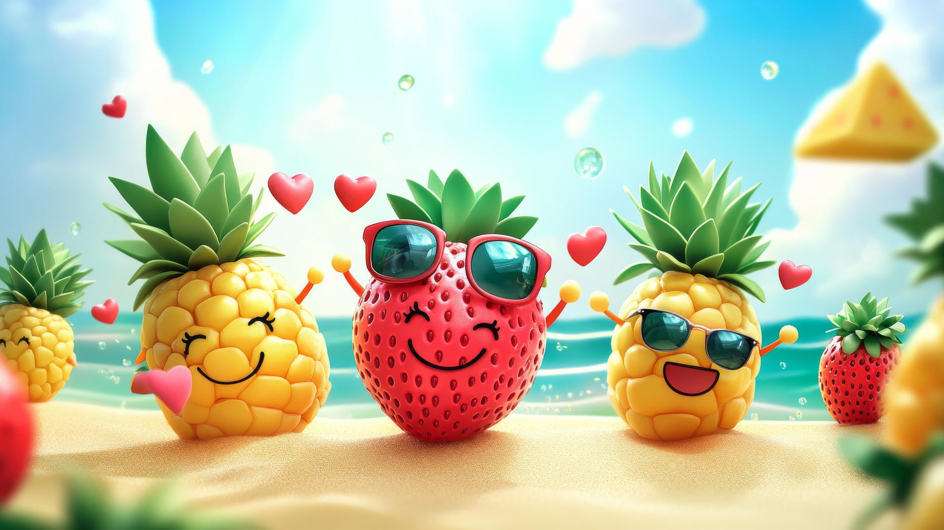 cute summer wallpaper with smiling strawberries, pineapples with sunglasses, and dancing watermelons on a beach