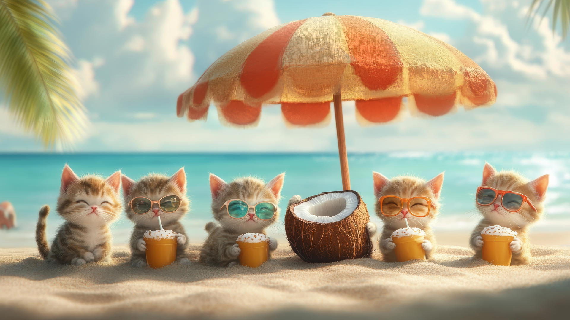 cute summer wallpaper with playful kittens under a beach umbrella