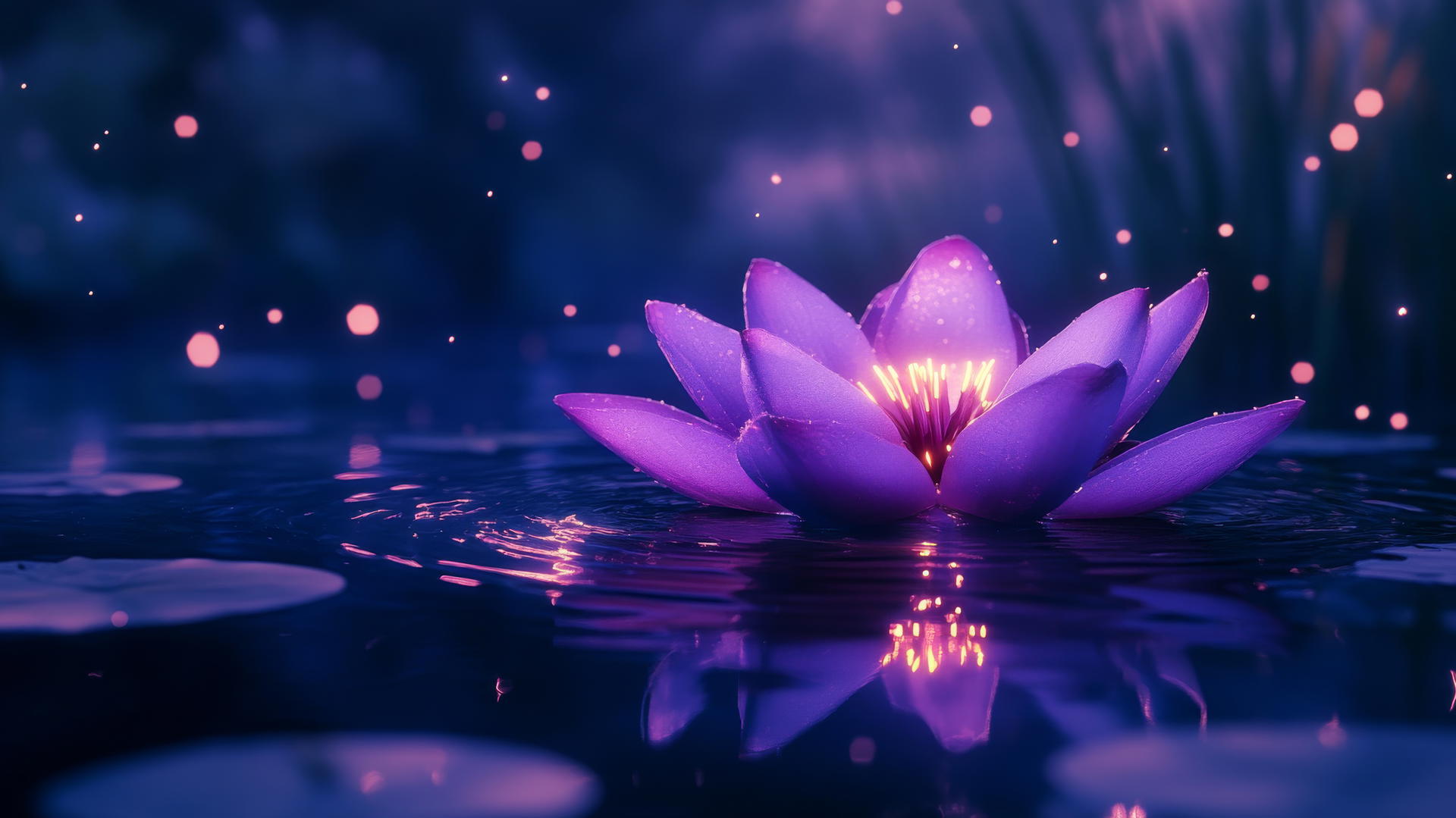 neon purple aesthetic wallpaper featuring a glowing lotus flower on a calm lake with sparkling particles