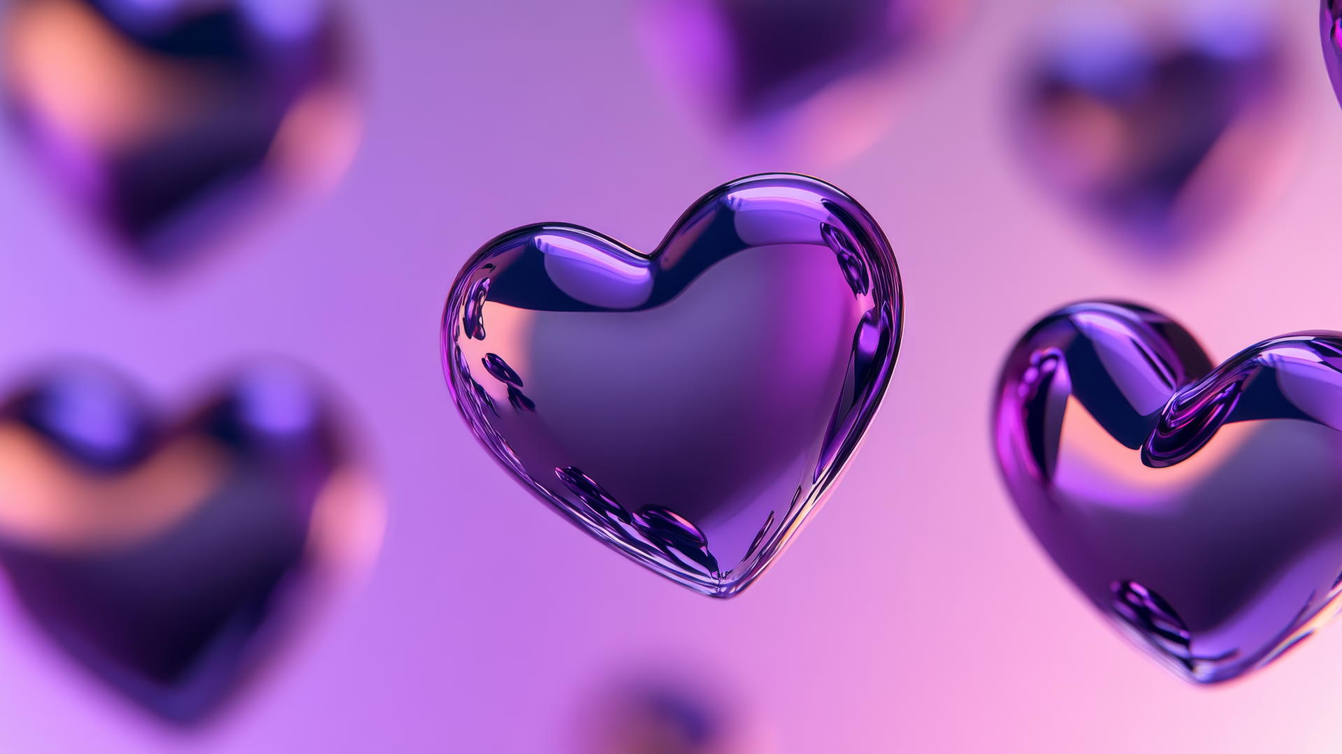3D-style purple heart wallpaper with metallic hearts floating