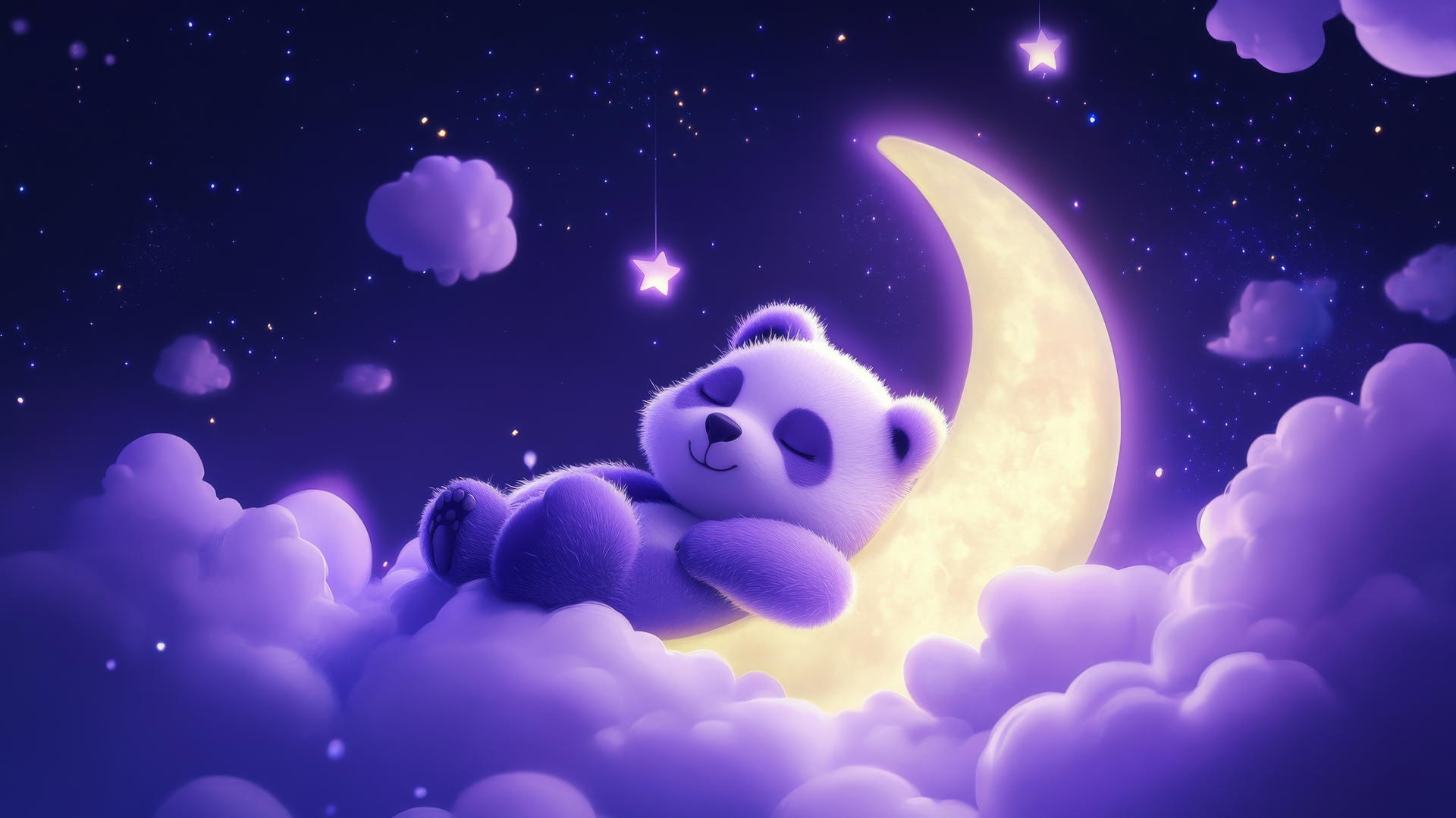cute panda wallpaper 4k of a sleepy purple panda on a crescent moon with glowing stars