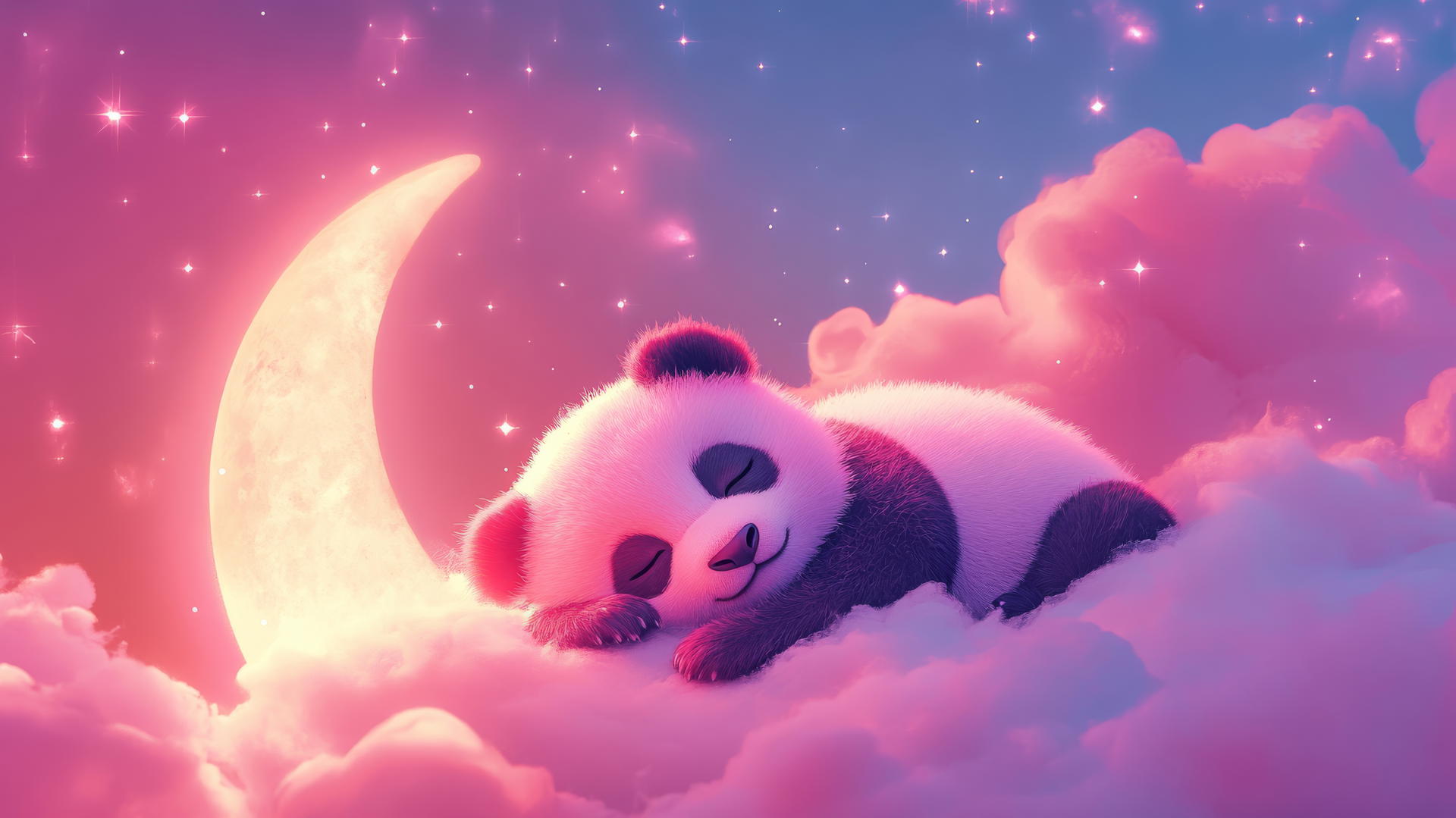cute panda wallpaper 4k: pink panda resting on crescent moon with glowing stars