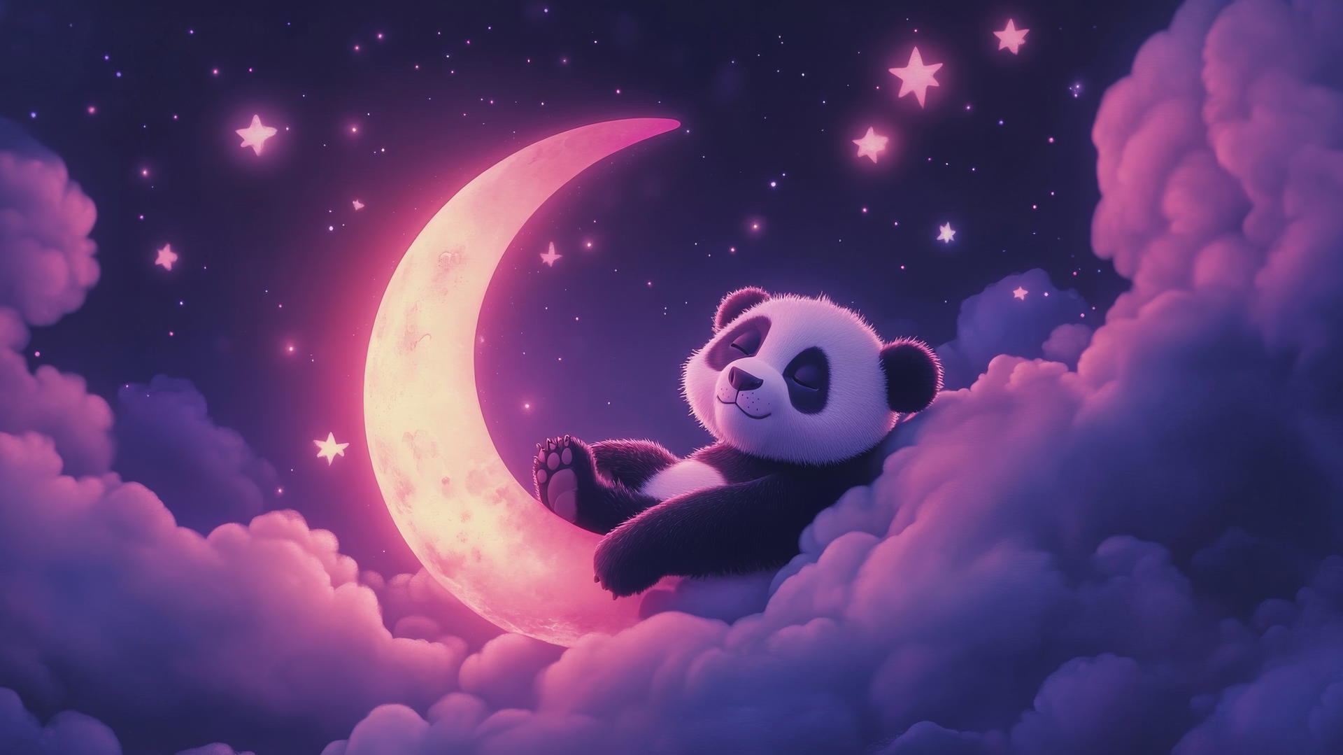 cute panda wallpaper 4k with a sleepy panda on a crescent moon, glowing stars, and pastel clouds