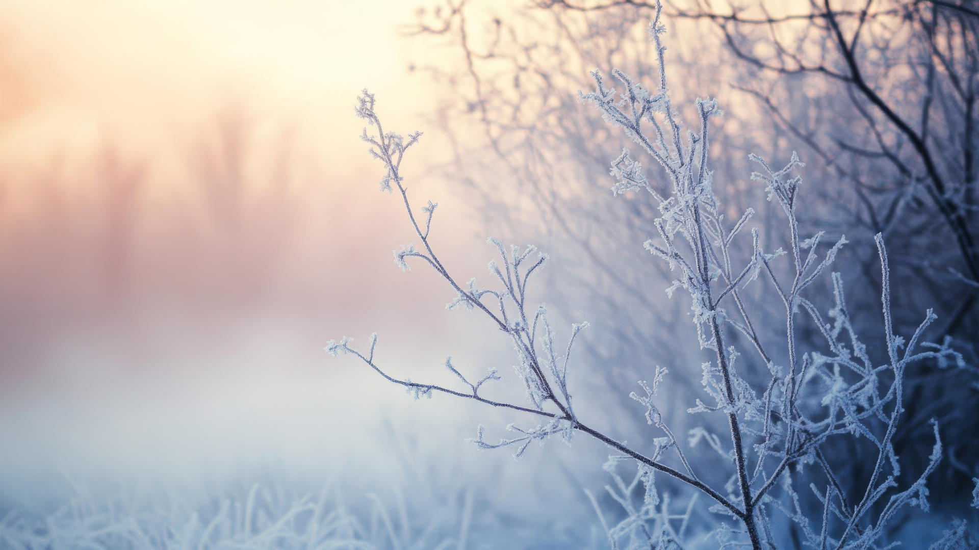 winter aesthetic wallpaper with icy branches and frost-covered grass on a foggy morning
