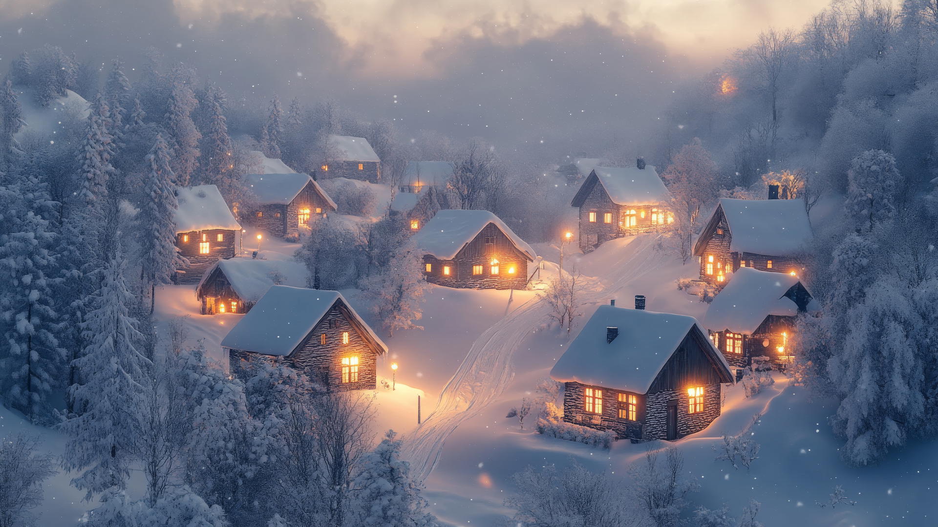 winter aesthetic wallpaper of a charming Scandinavian village with minimalist snowy houses and glowing windows