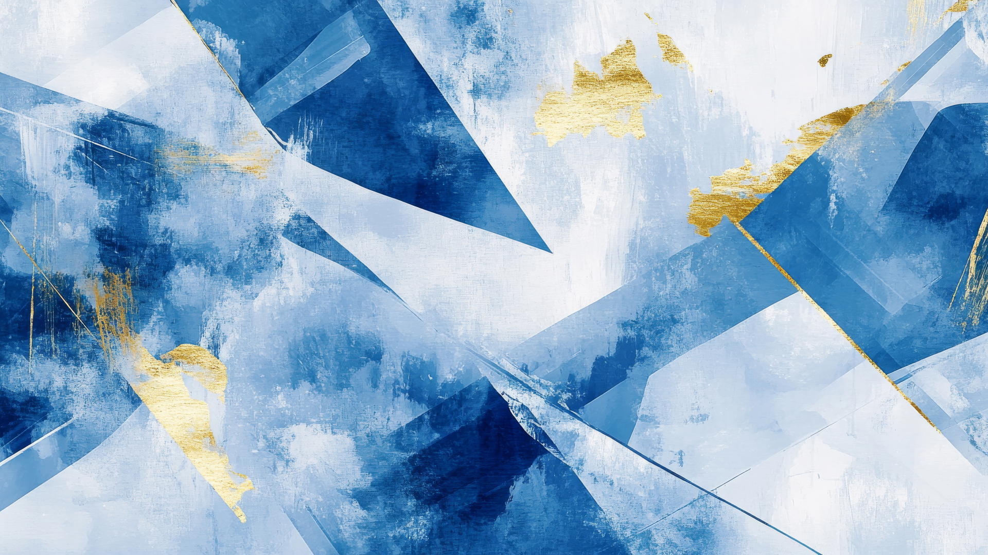 Winter aesthetic wallpaper with bold geometric shapes, icy blues, whites, and gold leaf accents.