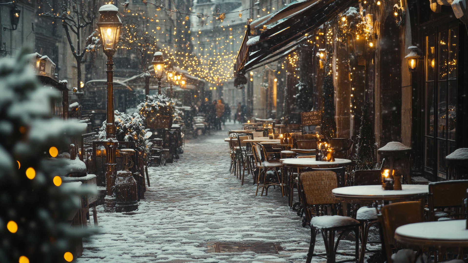 Aesthetic winter wallpaper with vintage winter cafe terrace, frost-covered tables, warm fairy lights.