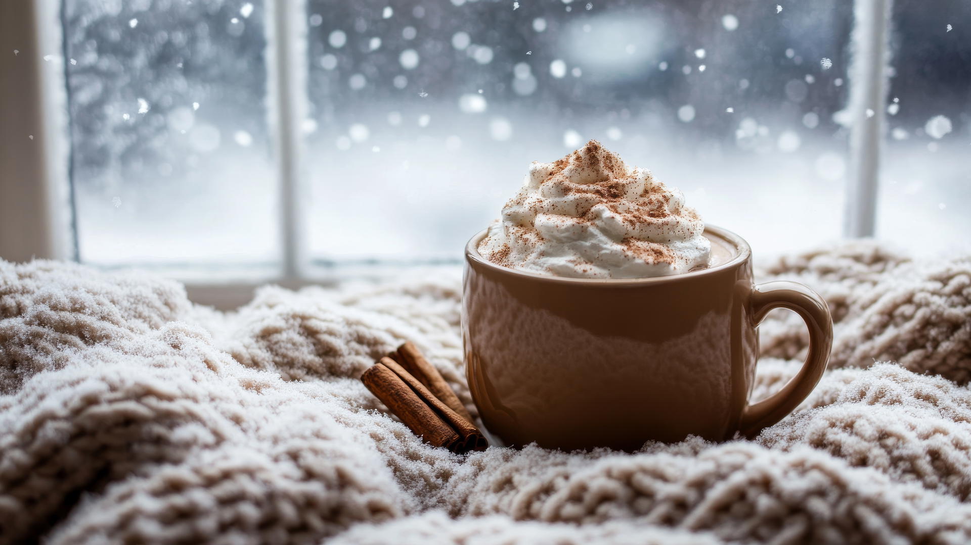 cozy winter iPhone wallpaper with hot chocolate and snowy window