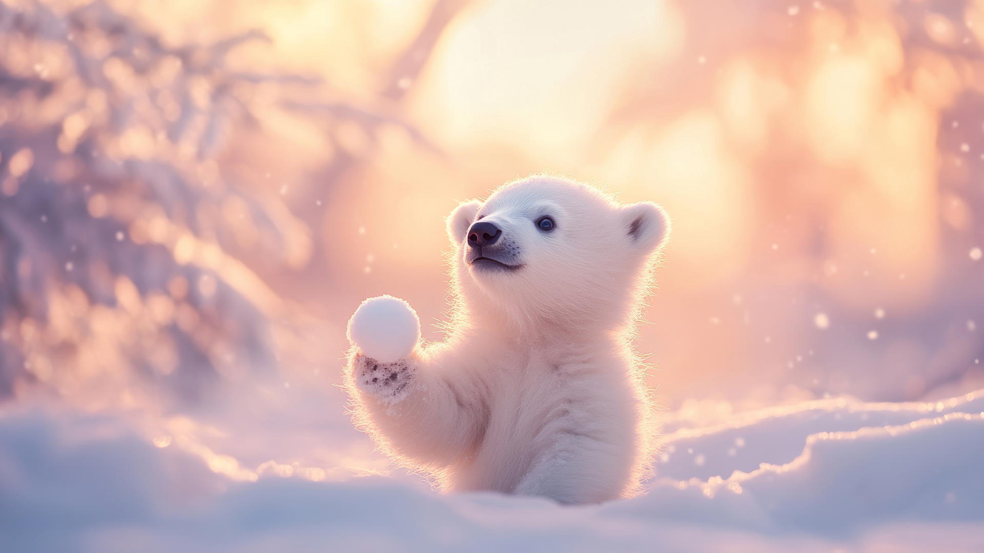 cute winter wallpaper with polar bear cub playing with snowball