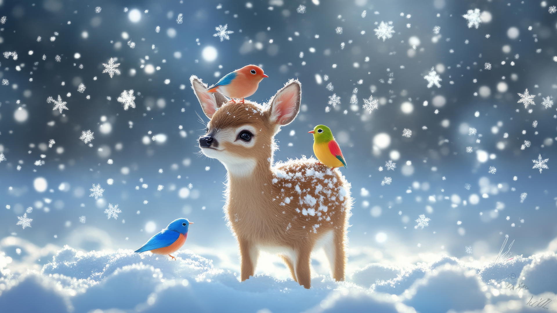 cute winter wallpaper featuring a baby deer with fuzzy antlers and colorful birds