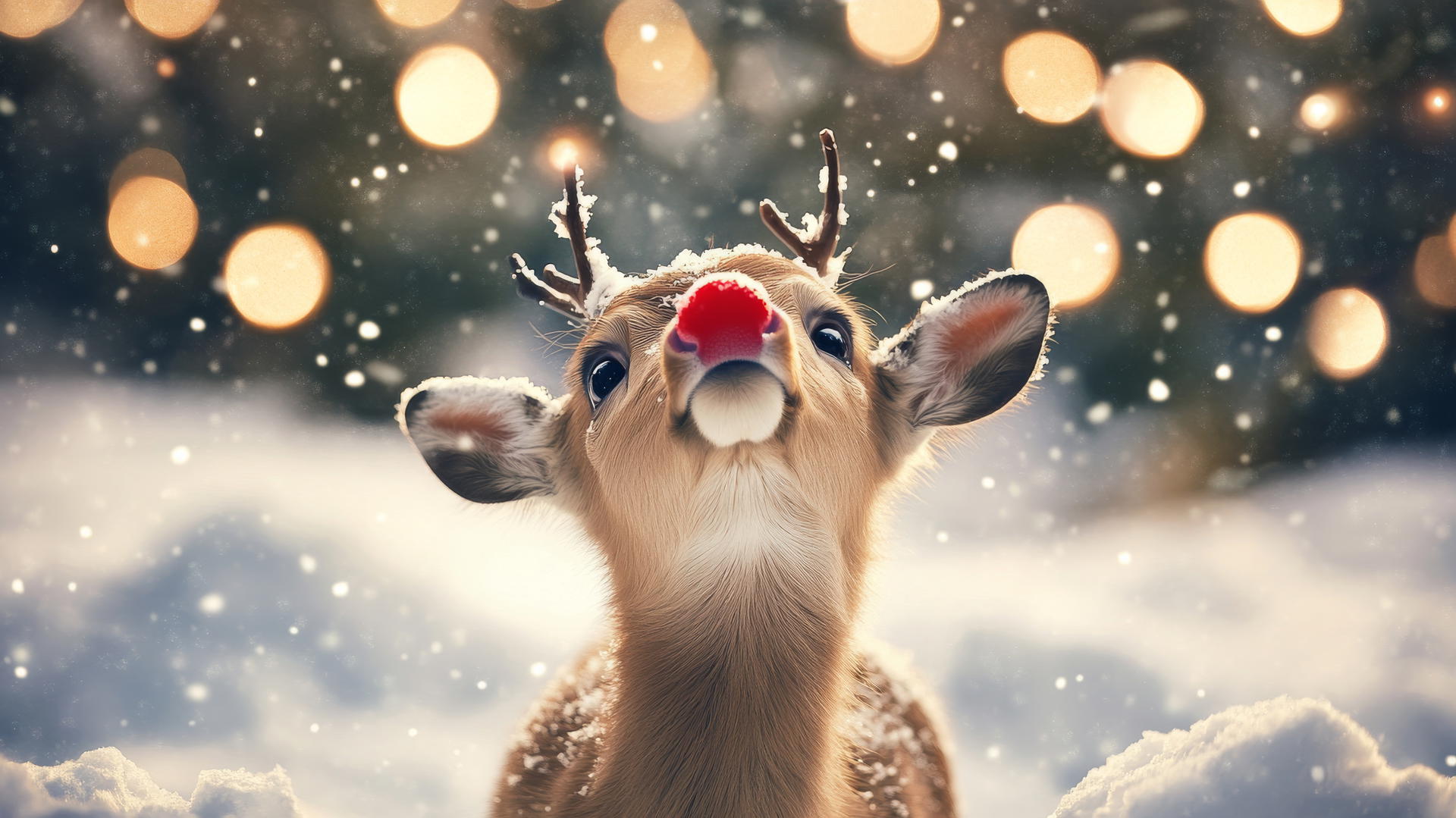 cute winter wallpaper of a reindeer calf with red nose in snow with twinkling lights
