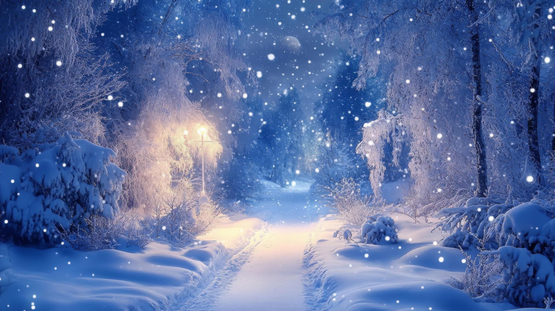 Winter wonderland wallpaper with moonlit snow-covered trees, twinkling stars, and a snowy path.