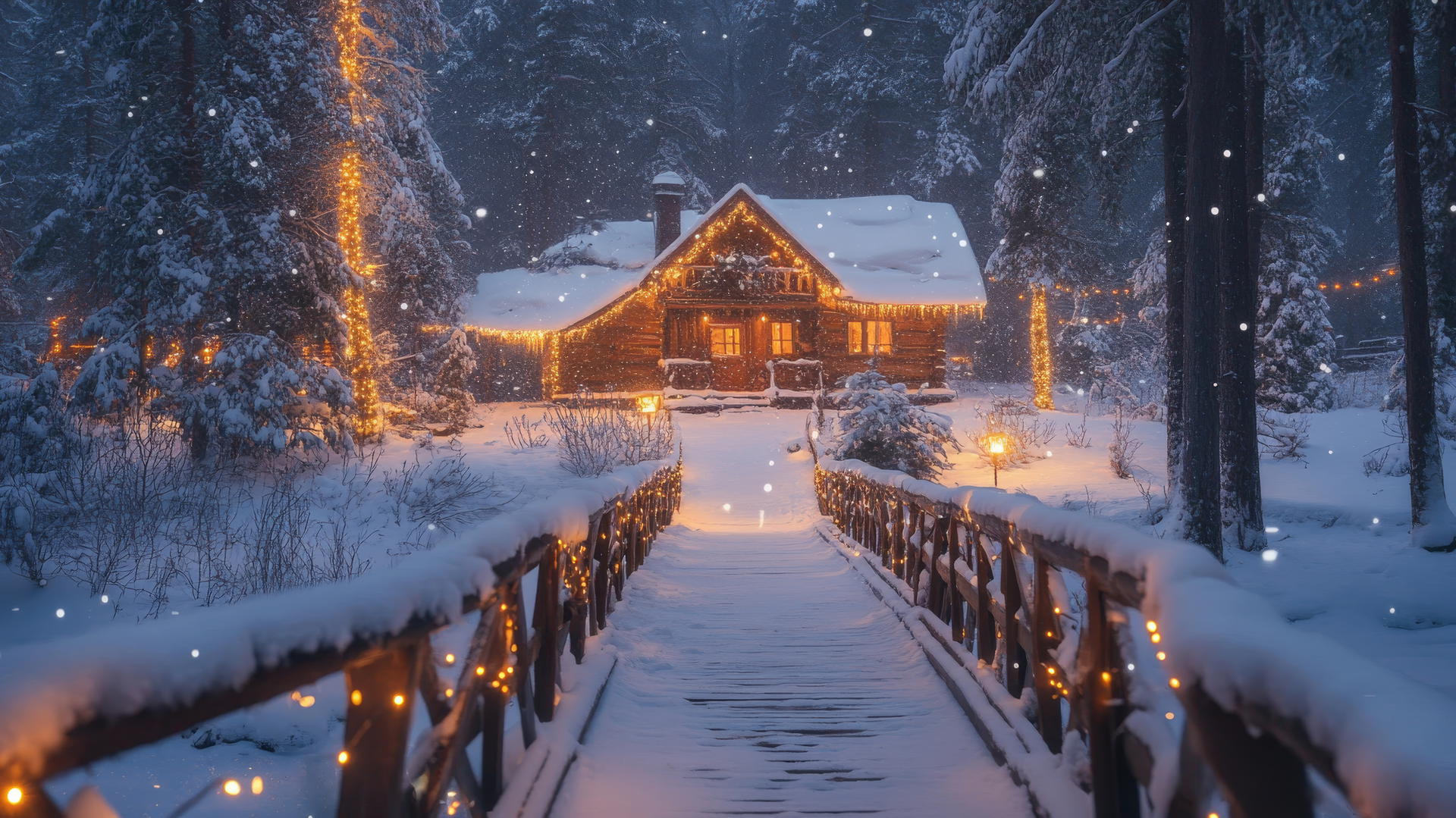 winter wonderland wallpaper with a snowy wooden bridge, cozy cabin, twinkling lights, and snow-covered trees