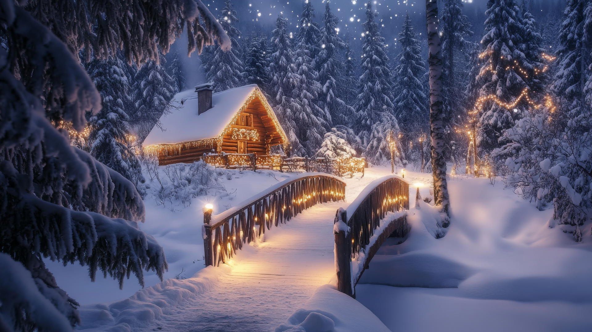 Winter wonderland wallpaper with a snowy wooden bridge leading to a cozy cabin.