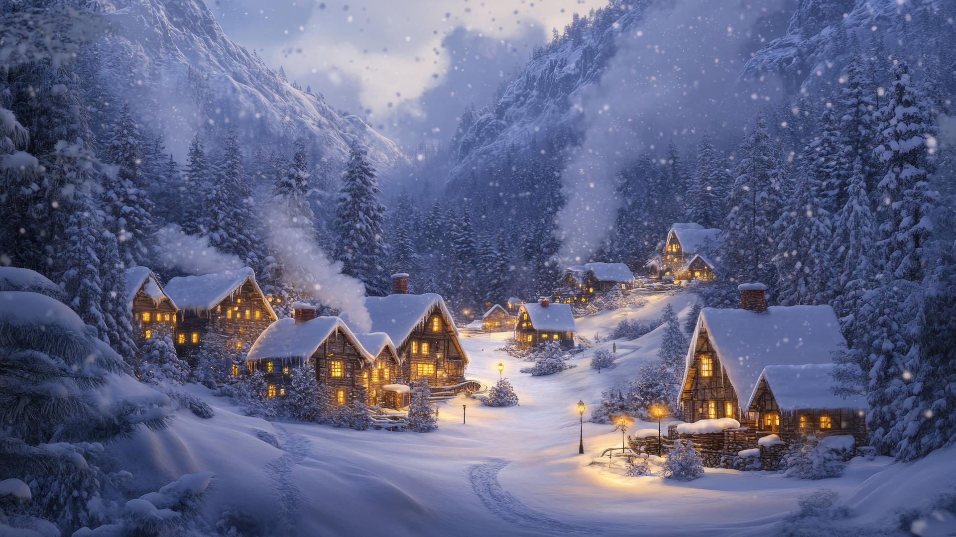 winter wonderland village with smoke from chimneys, glowing streetlights, and falling snowflakes