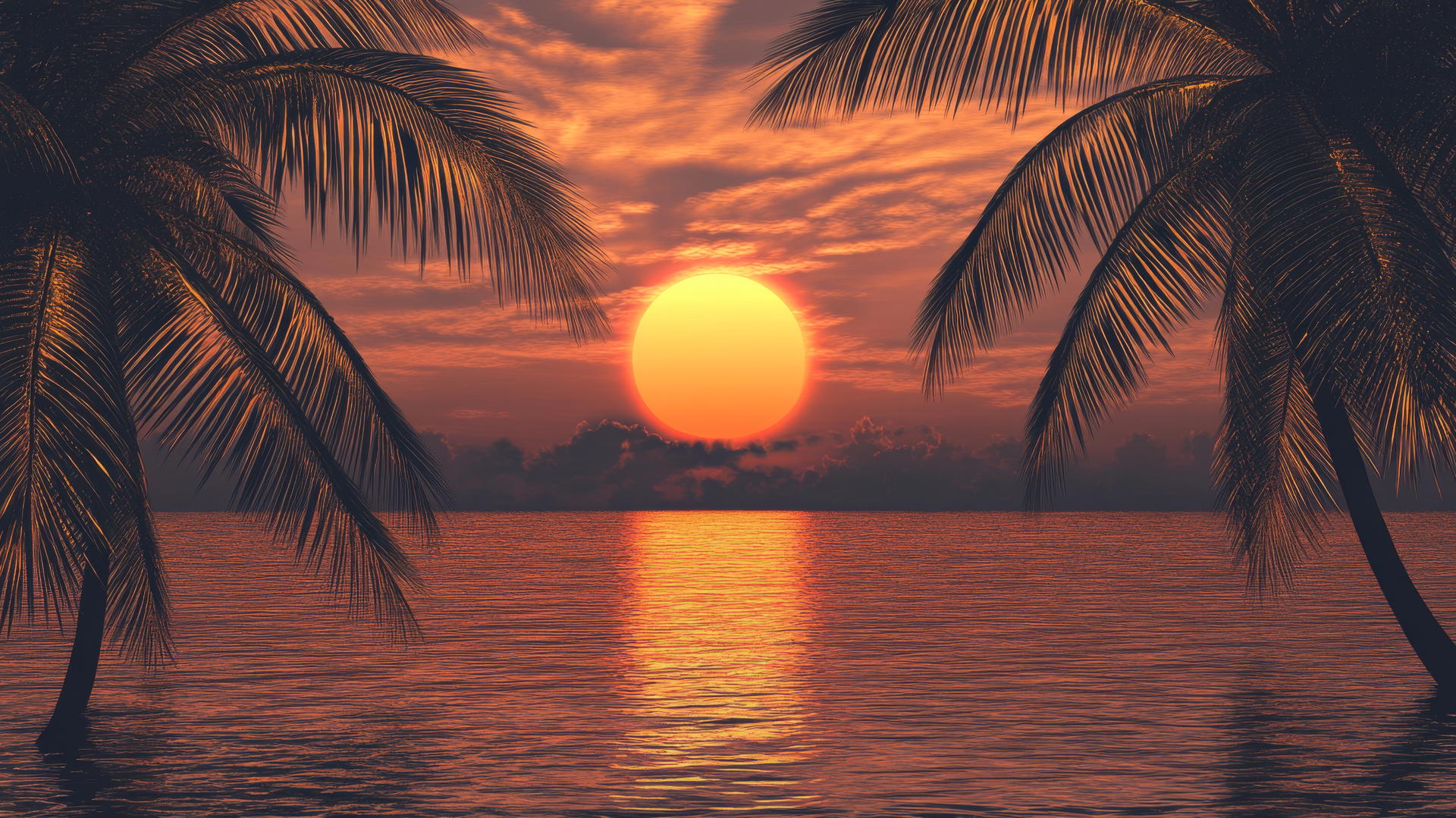 Beach sunset wallpaper with silhouetted palm trees and glowing orange sun