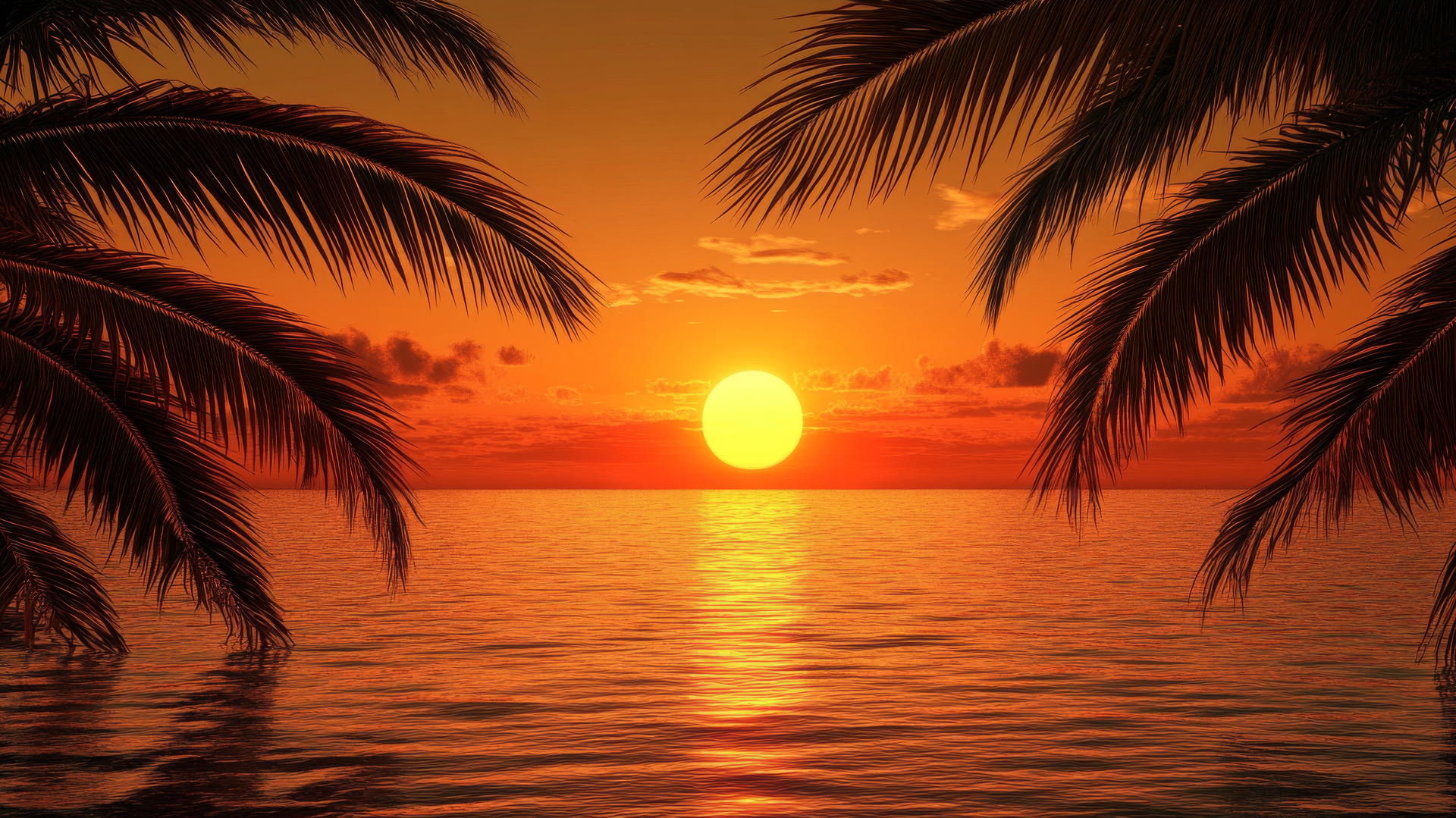 beach sunset wallpaper with silhouetted palm trees and glowing orange sun