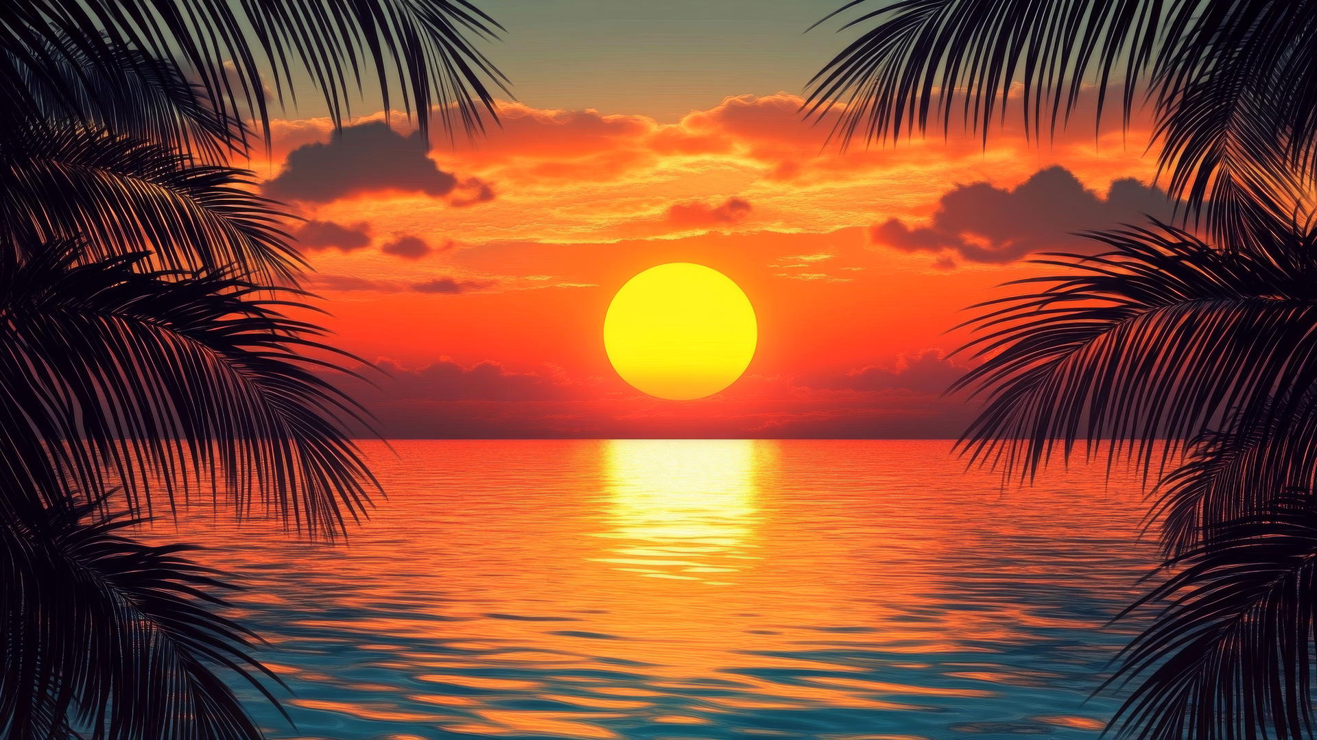 Serene tropical beach sunset wallpaper with silhouetted palm trees and glowing orange sun.