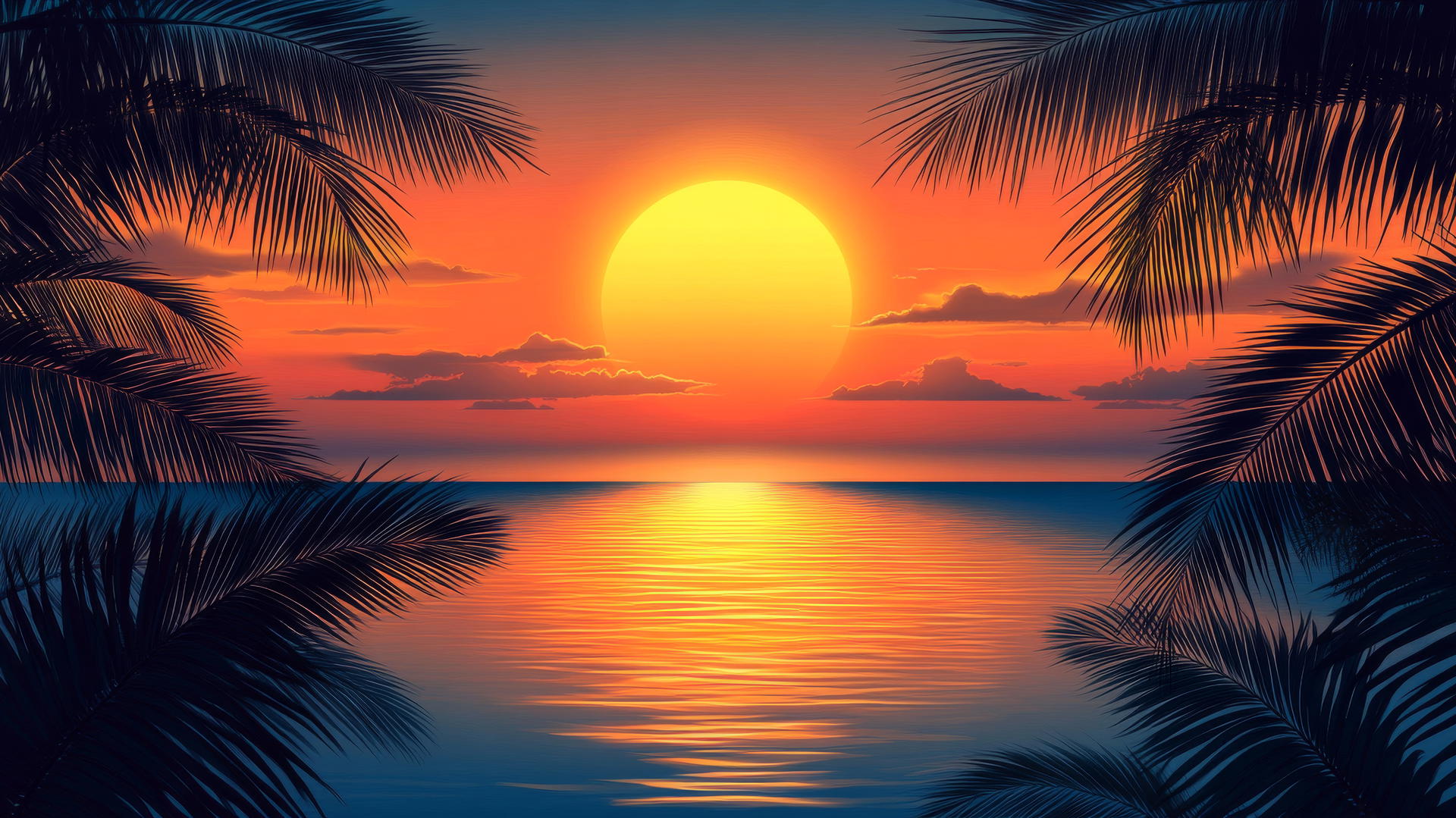 beach sunset wallpaper with silhouetted palm trees and glowing orange sun