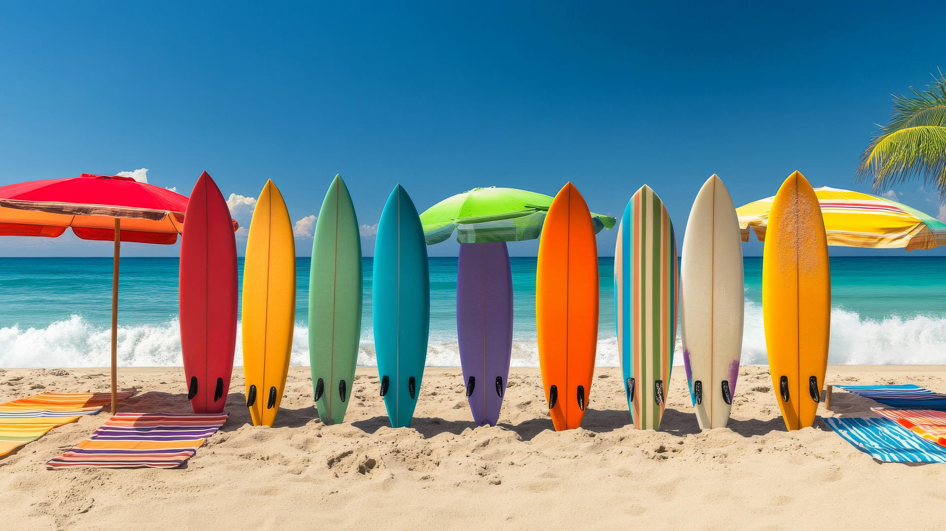 Beach theme wallpaper with surfboards, towels, umbrellas, and waves