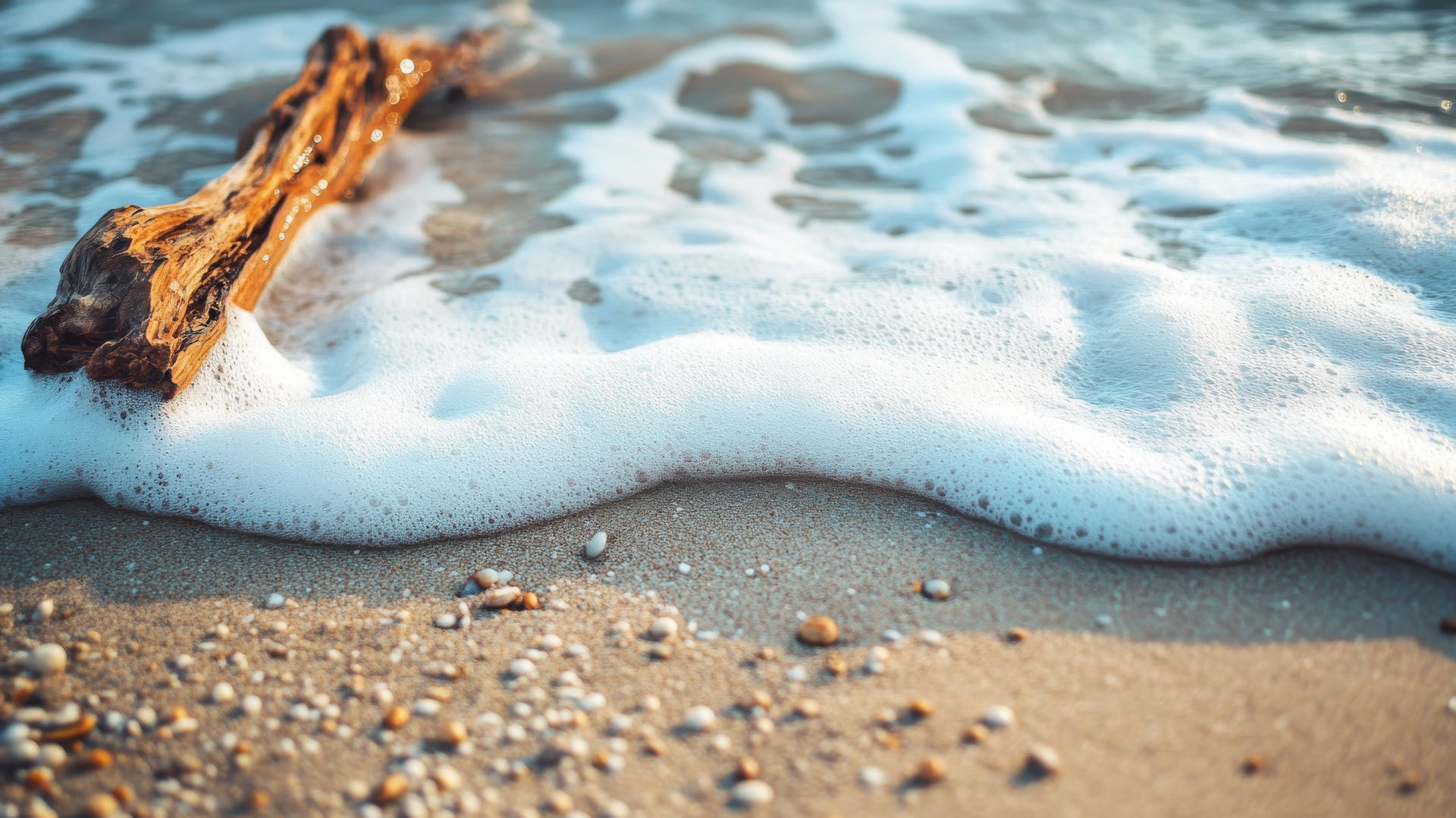 Boho beach wallpaper aesthetic with driftwood, stones, seafoam, and sand
