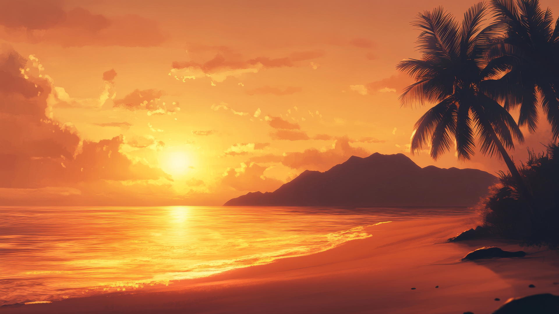Beach wallpaper aesthetic with glowing beach sunset, golden light, mountains, and palm trees