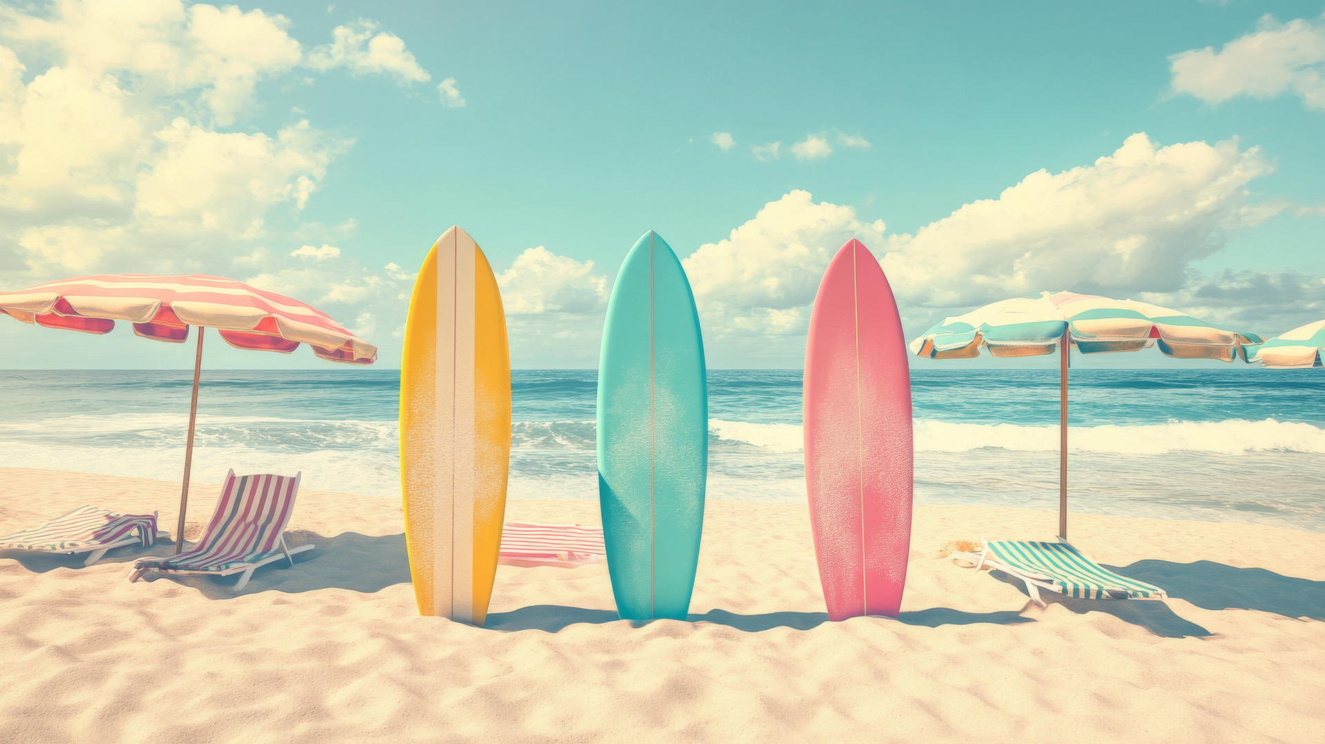 Vibrant beach theme wallpaper with surfboards, umbrellas, and waves.