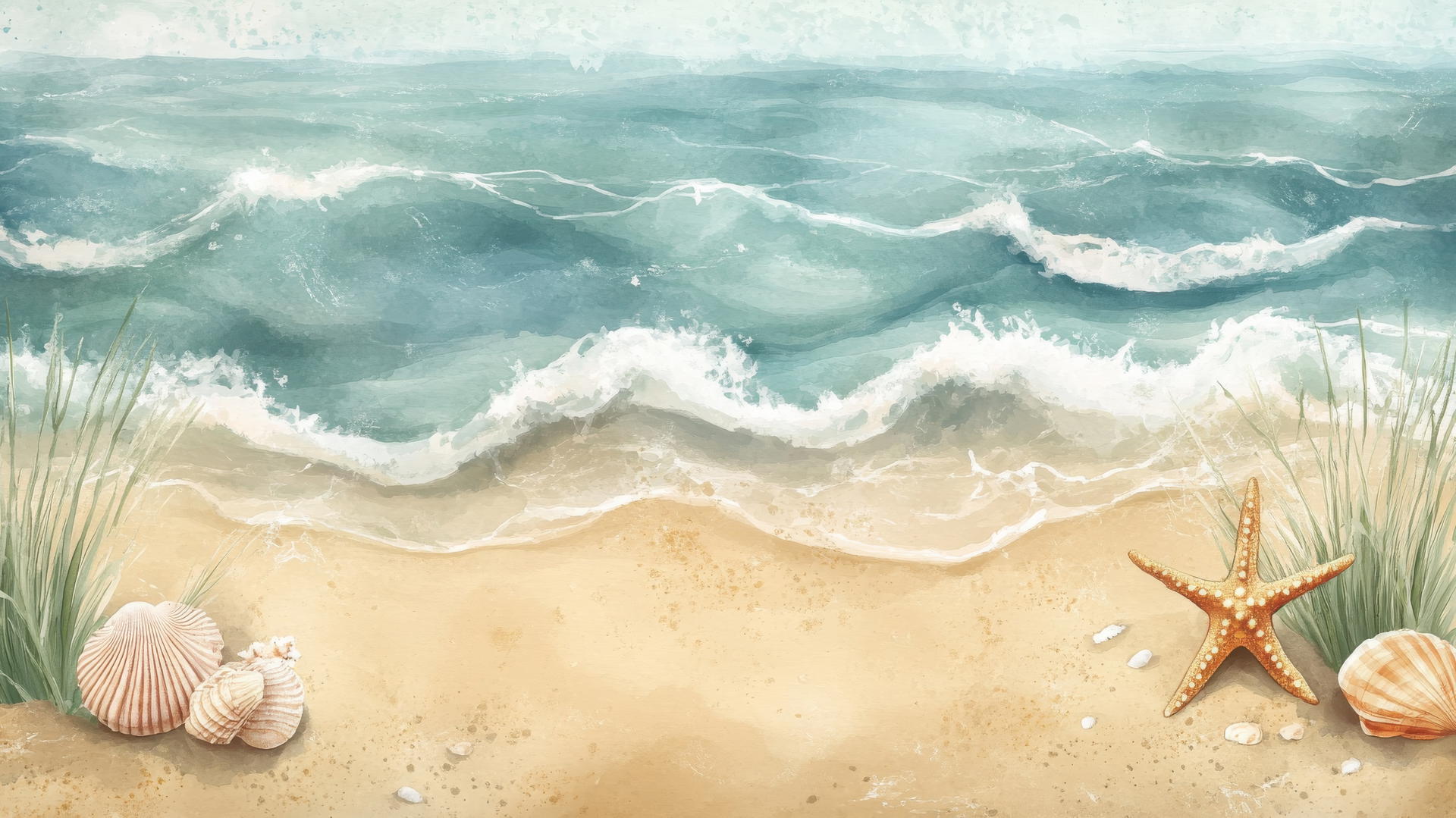 Beach theme wallpaper with watercolor waves, dunes, and hand-drawn starfish and seashells
