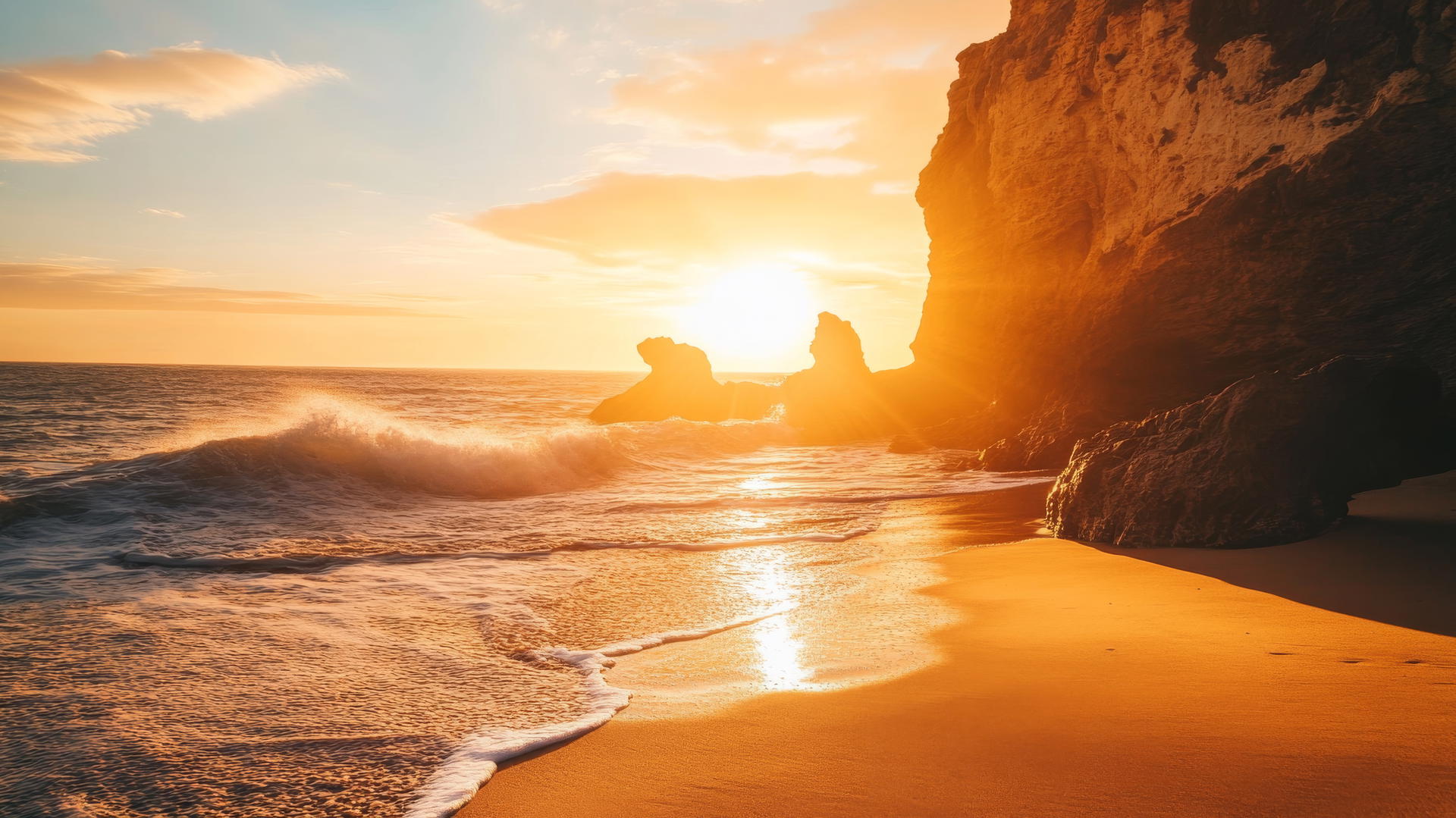 sunset background beach wallpaper with golden sunset over a rocky beach, dramatic cliffs, and crashing waves