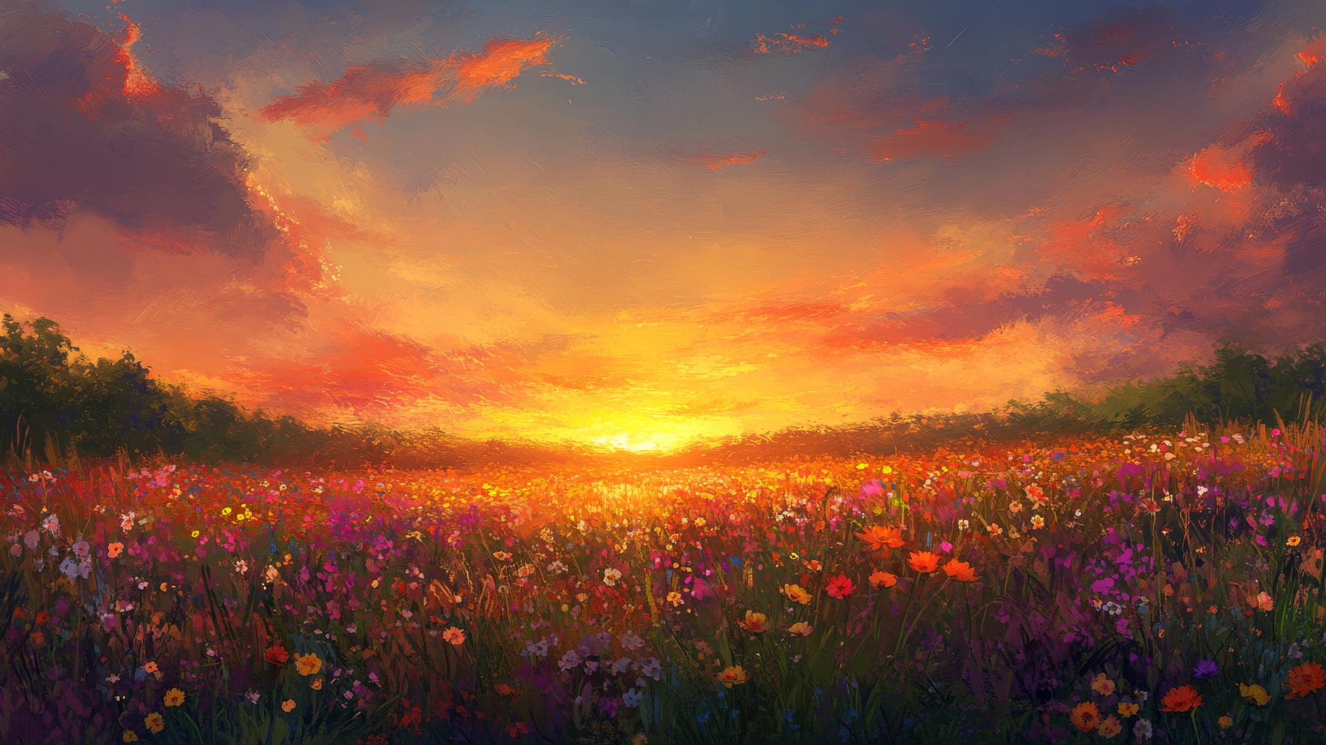 spring wallpaper with a sunset over wildflower field