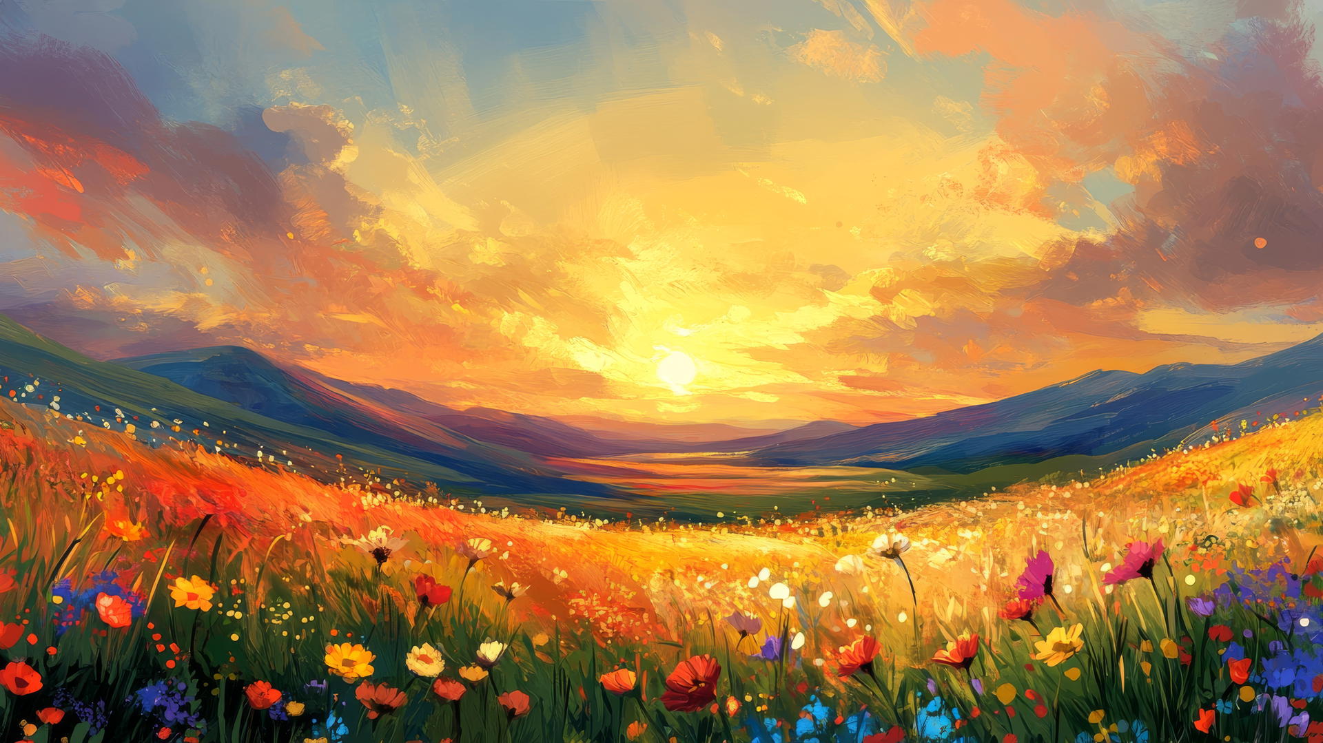 spring wallpaper of sunset over wildflower field