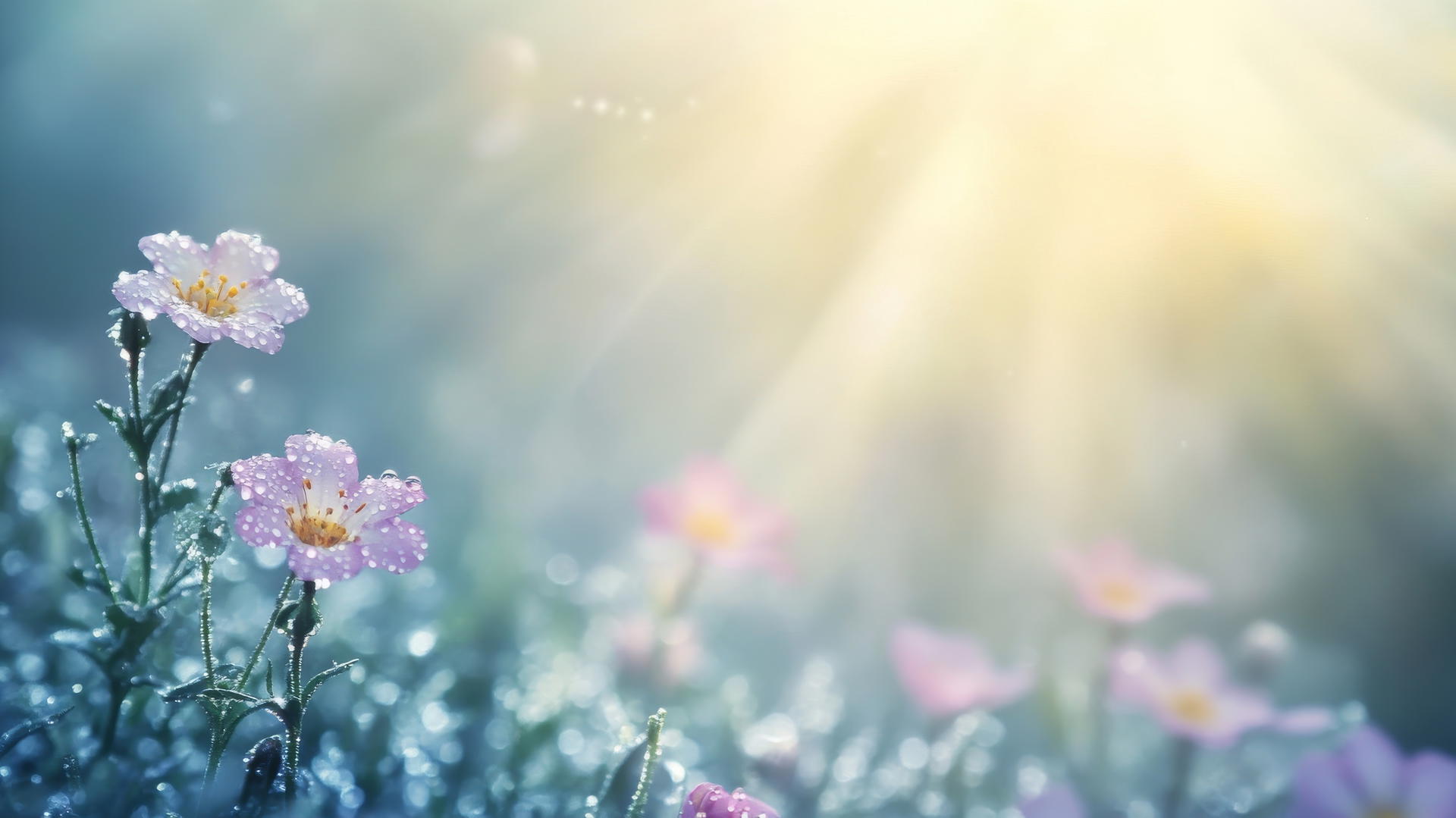 Spring wallpaper with misty morning, dew-covered flowers, soft sunlight