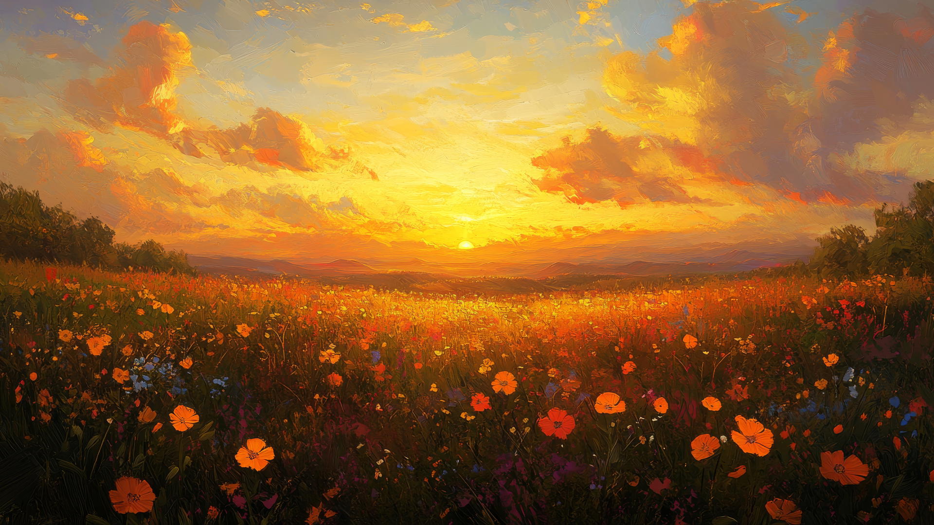 vibrant spring wallpaper with sunset over field of wildflowers