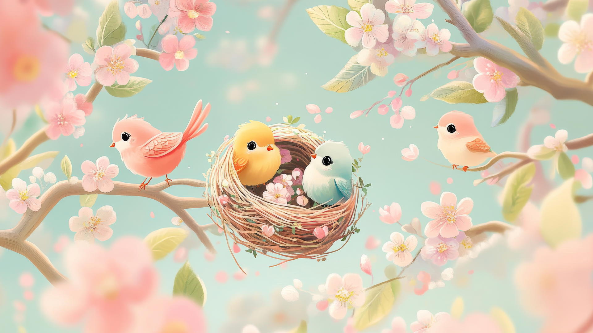 cute spring wallpaper with tiny birds in colorful nests, surrounded by blossoming flowers and pastel leaves