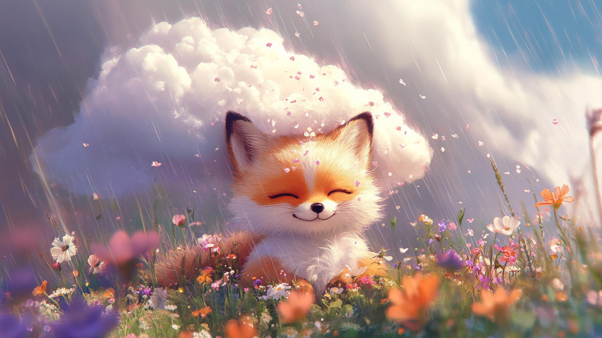 cute spring wallpaper with a fluffy cloud raining colorful flowers over a smiling baby fox