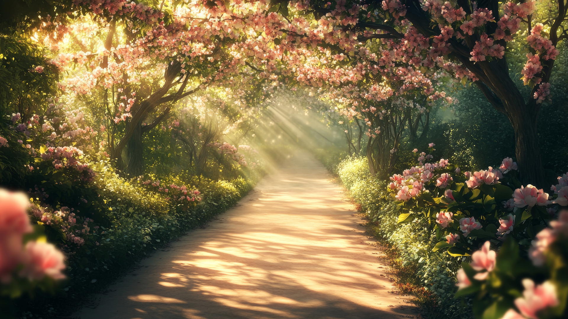 spring aesthetic wallpaper with blooming flowers and lush greenery