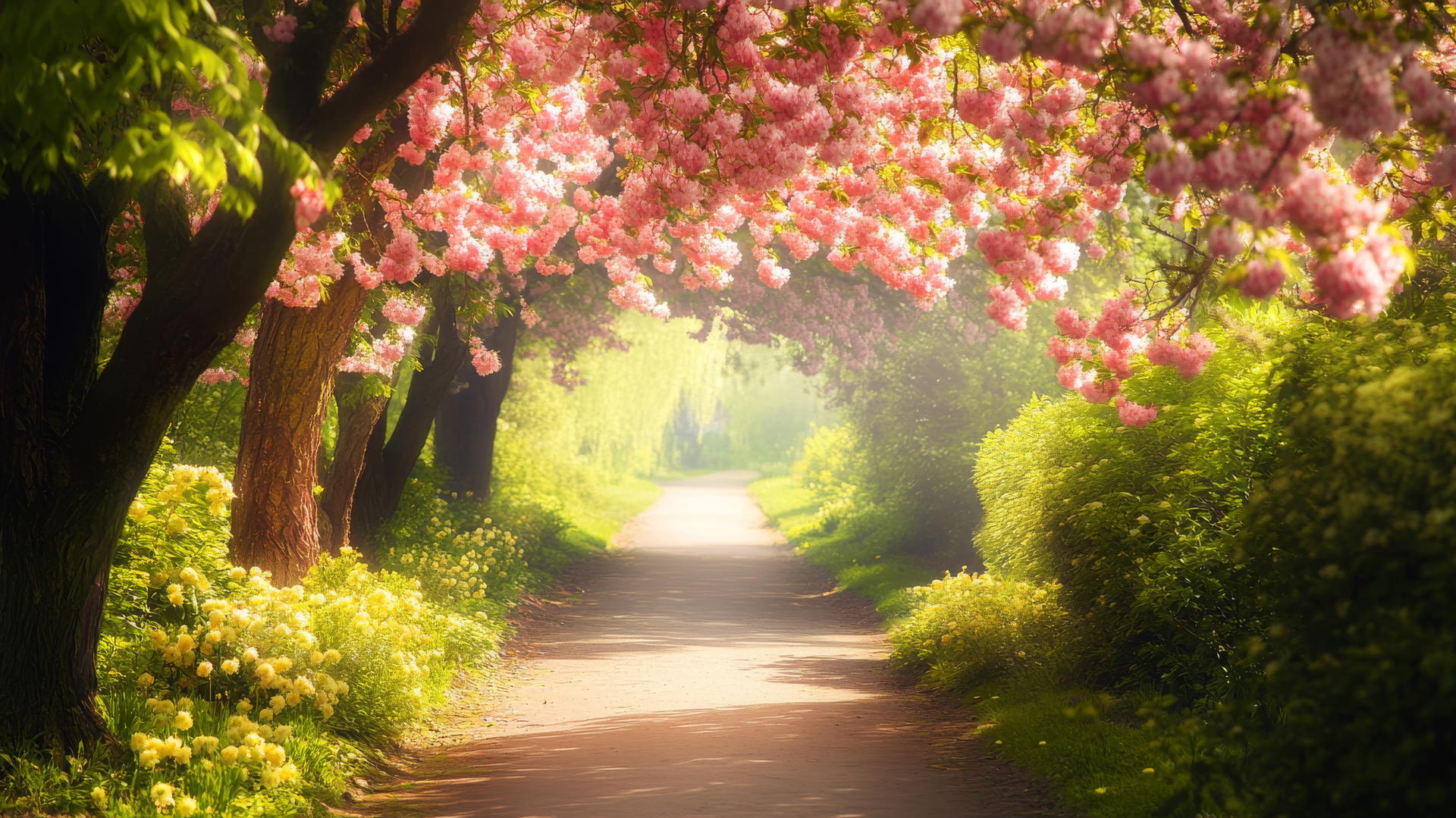 spring aesthetic wallpaper with a pathway, blooming flowers, and sunlight