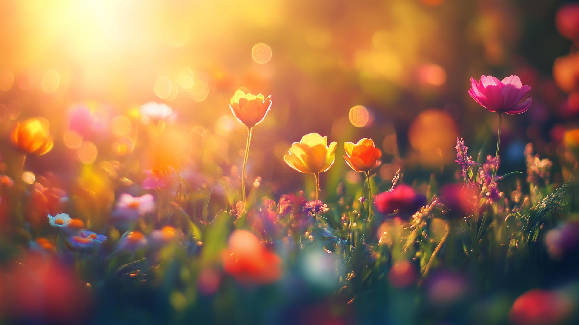 spring flowers wallpaper with colorful blooming meadow and soft sunlight