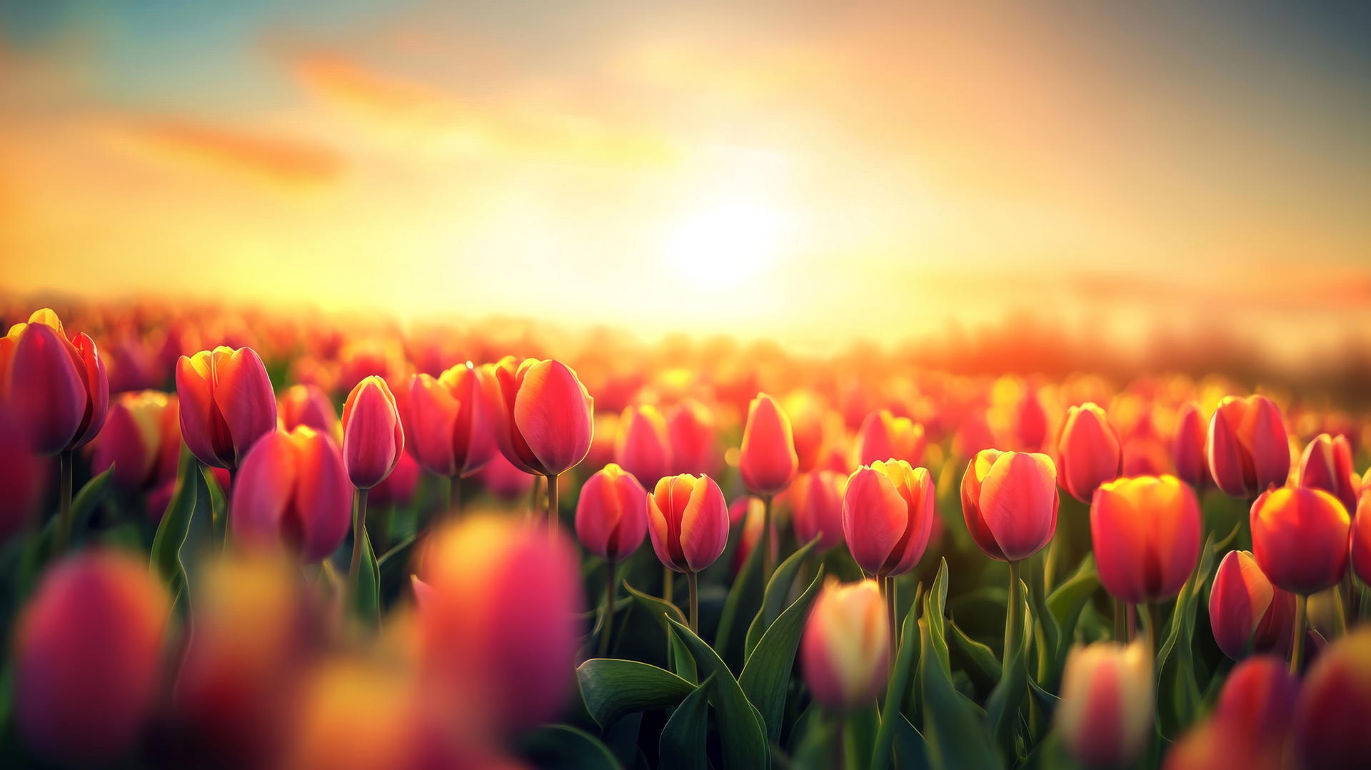 spring flowers wallpaper with a field of tulips in full bloom under sunlight