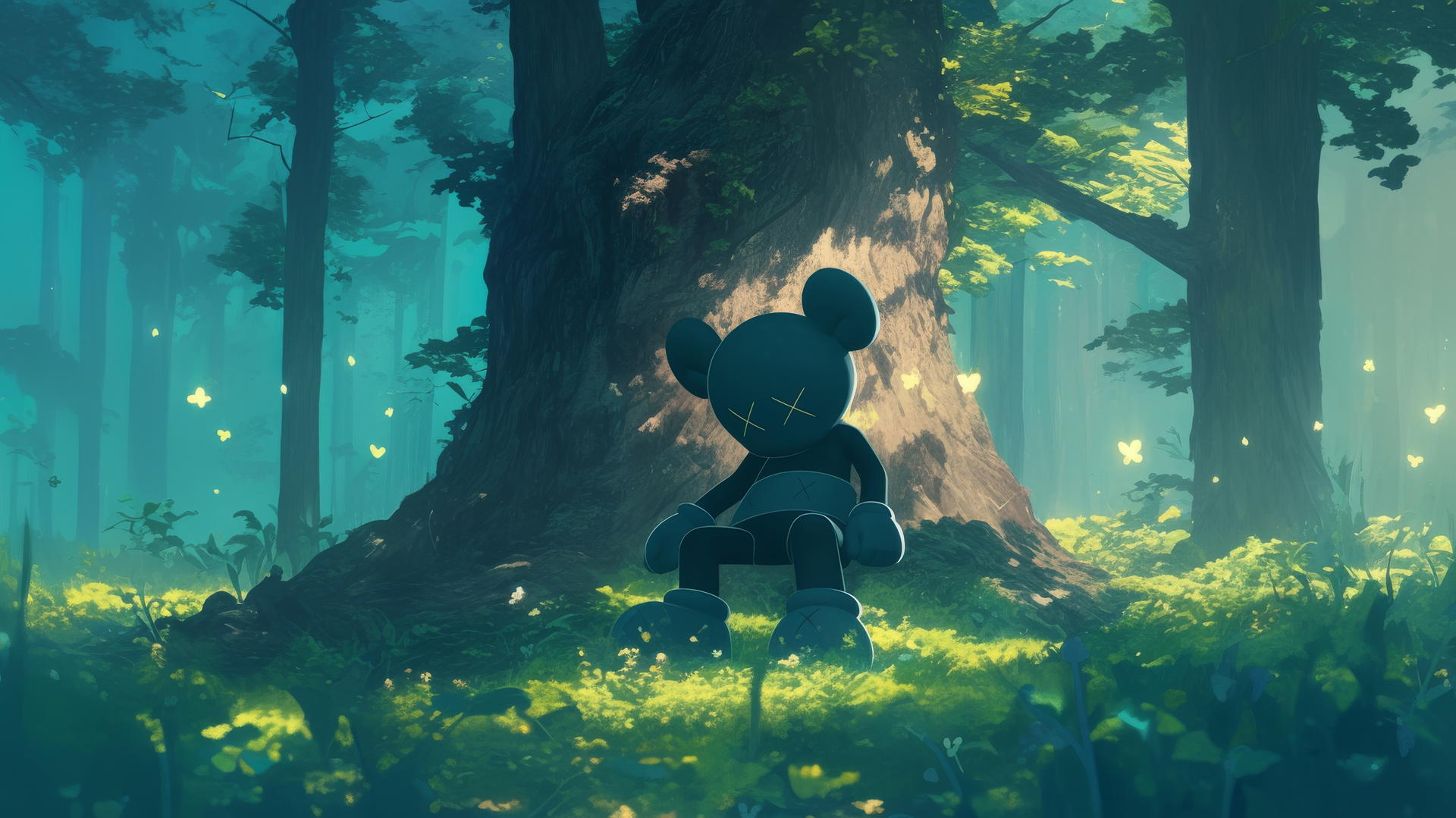 Kaws artwork with Companion character in a serene forest
