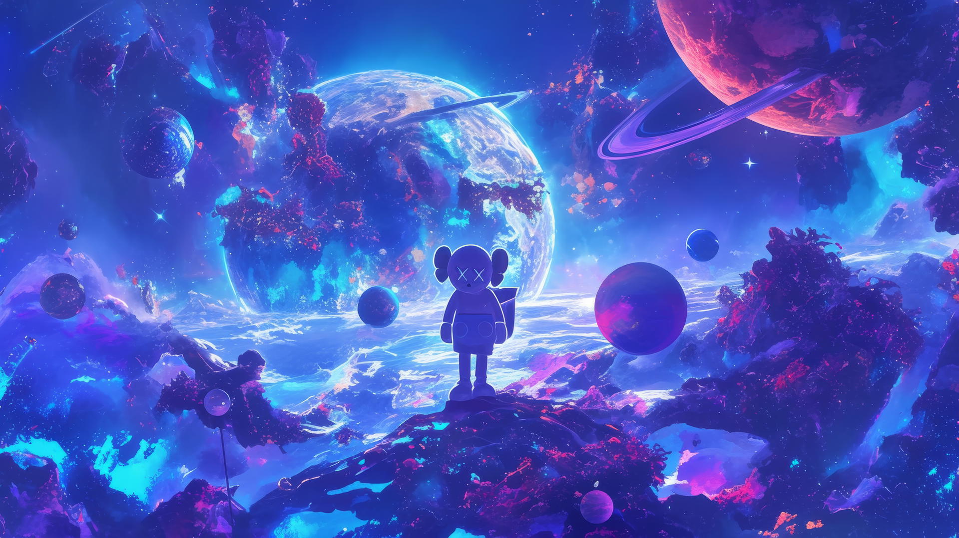 Kaws artwork of Companion character in cosmic scene with planets and nebulae