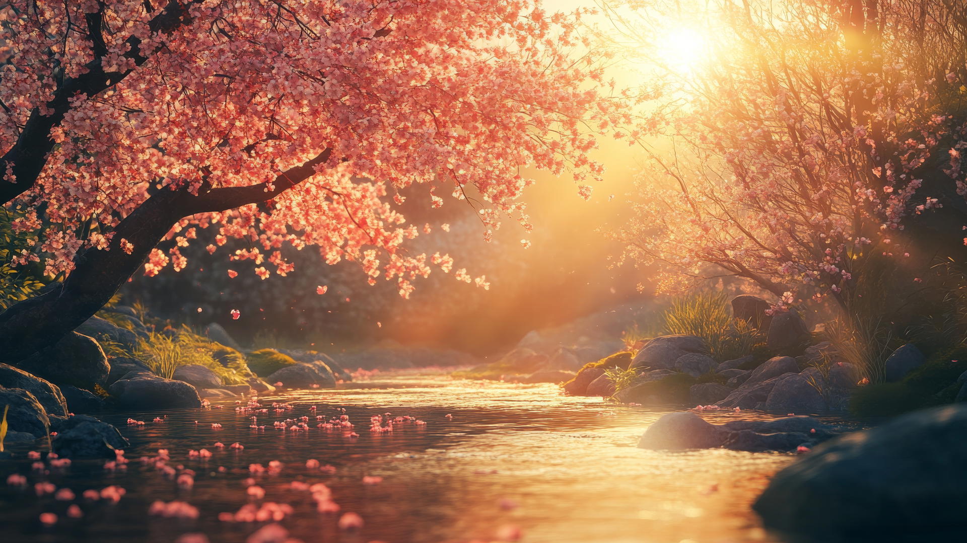 spring aesthetic wallpaper with blooming cherry blossoms, flowing streams, and warm light