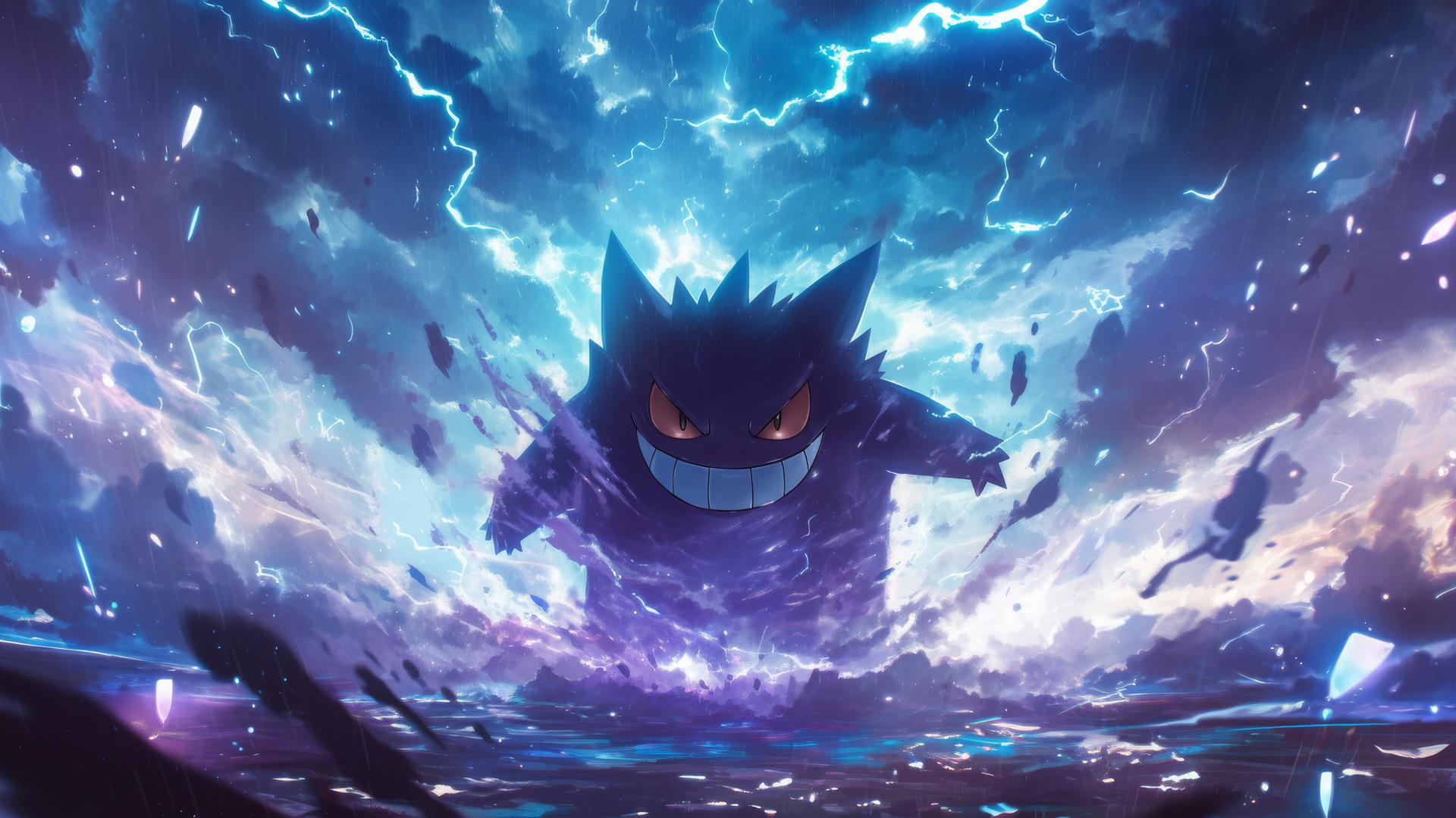 Gengar Pokemon amidst swirling clouds and thunderstorms