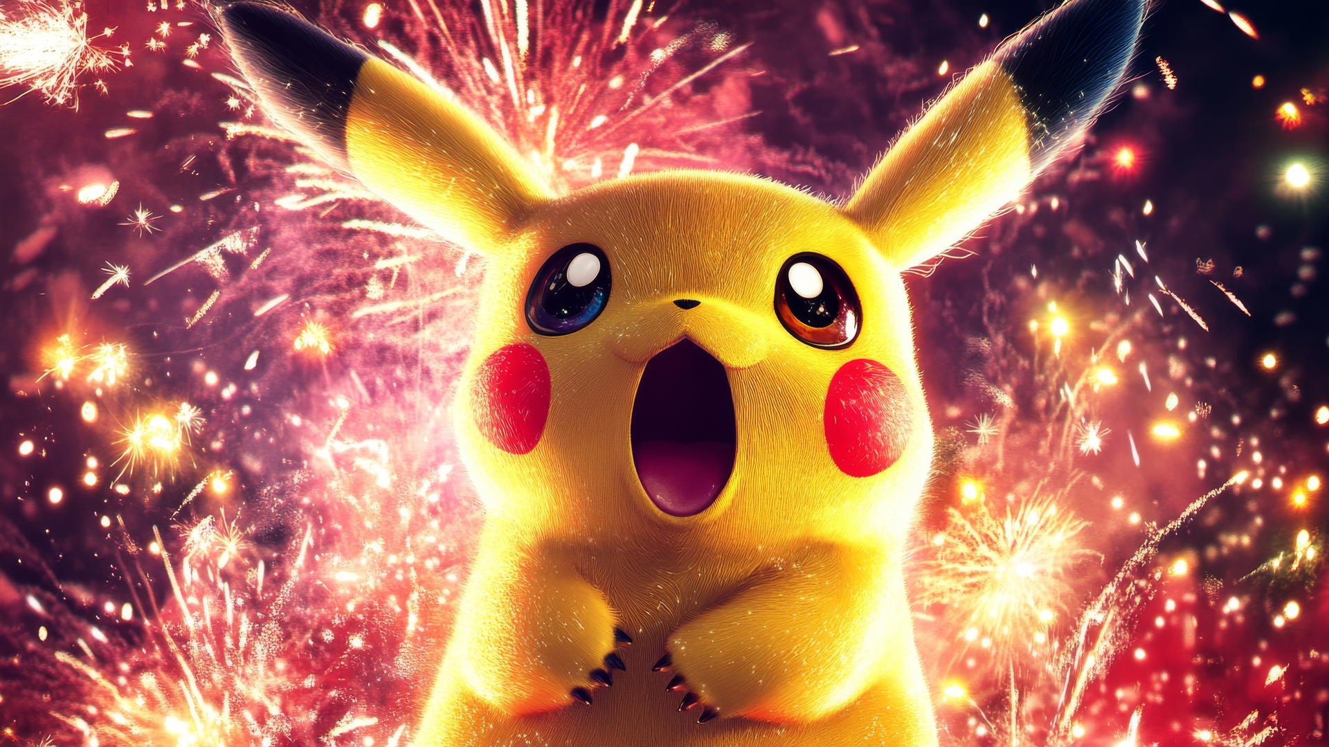 Surprised Pikachu with wide eyes and mouth agape, surrounded by bright fireworks