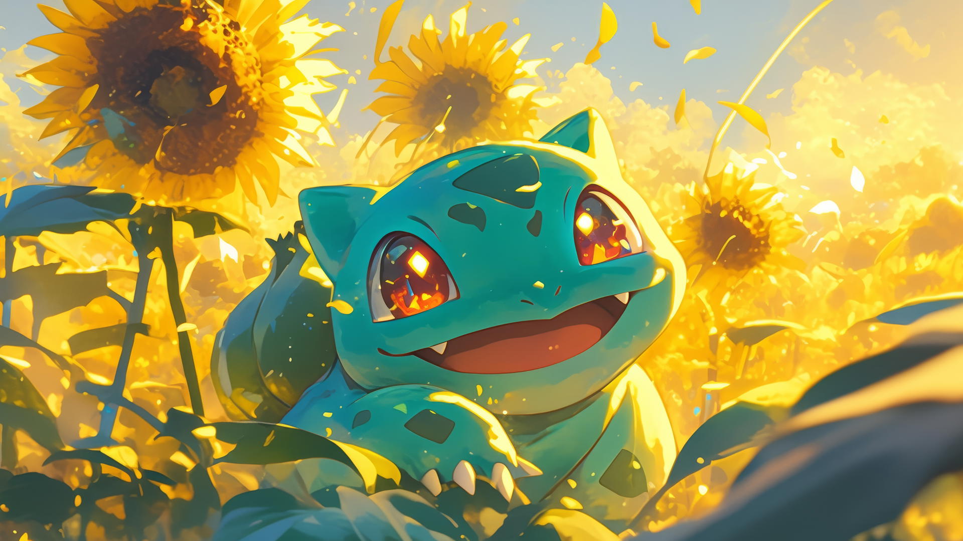 pokemon bulbasaur in a sunflower field at sunrise