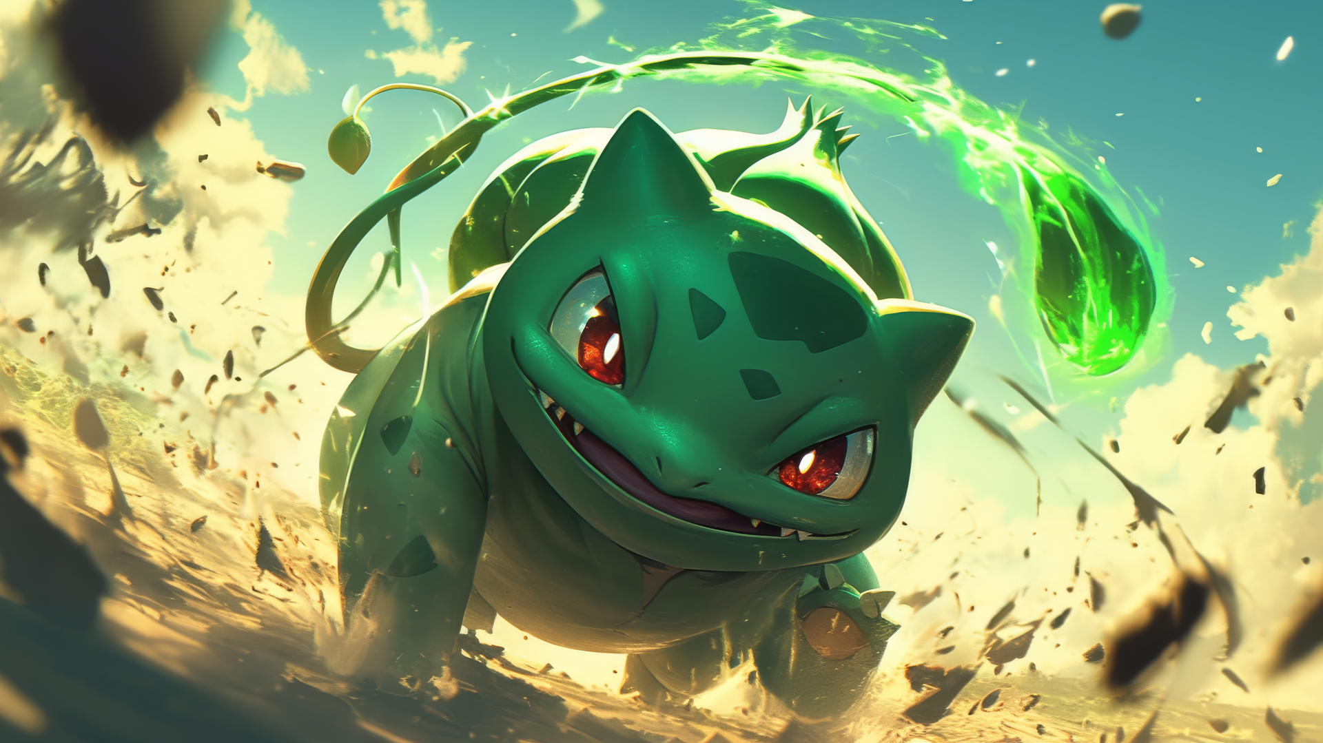 pokemon bulbasaur using vine whip, surrounded by leaves and dust